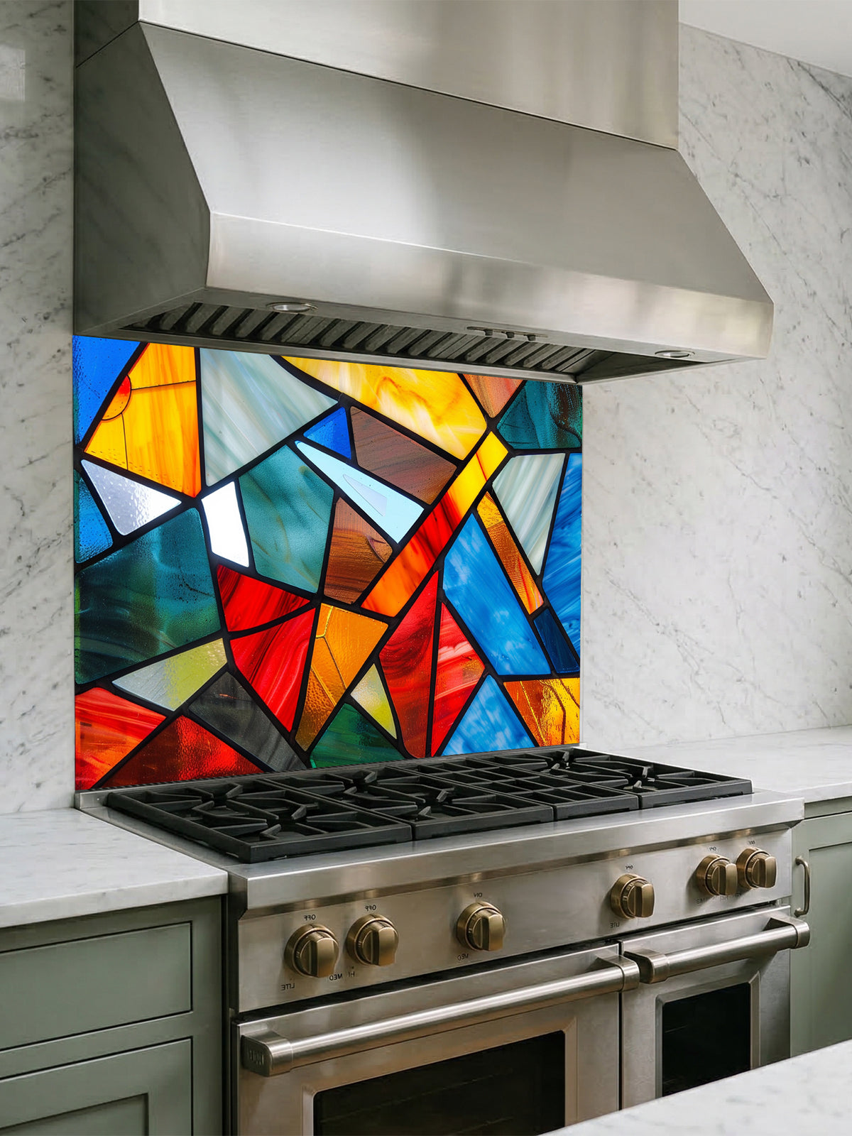 Tempered glass kitchen backsplash featuring a highly realistic illusion of abstract geometric stained glass with asymmetrical shards in vibrant, luminous shades of red, blue, yellow, and teal outlined by dark faux lead lines, installed behind a modern black stove.
