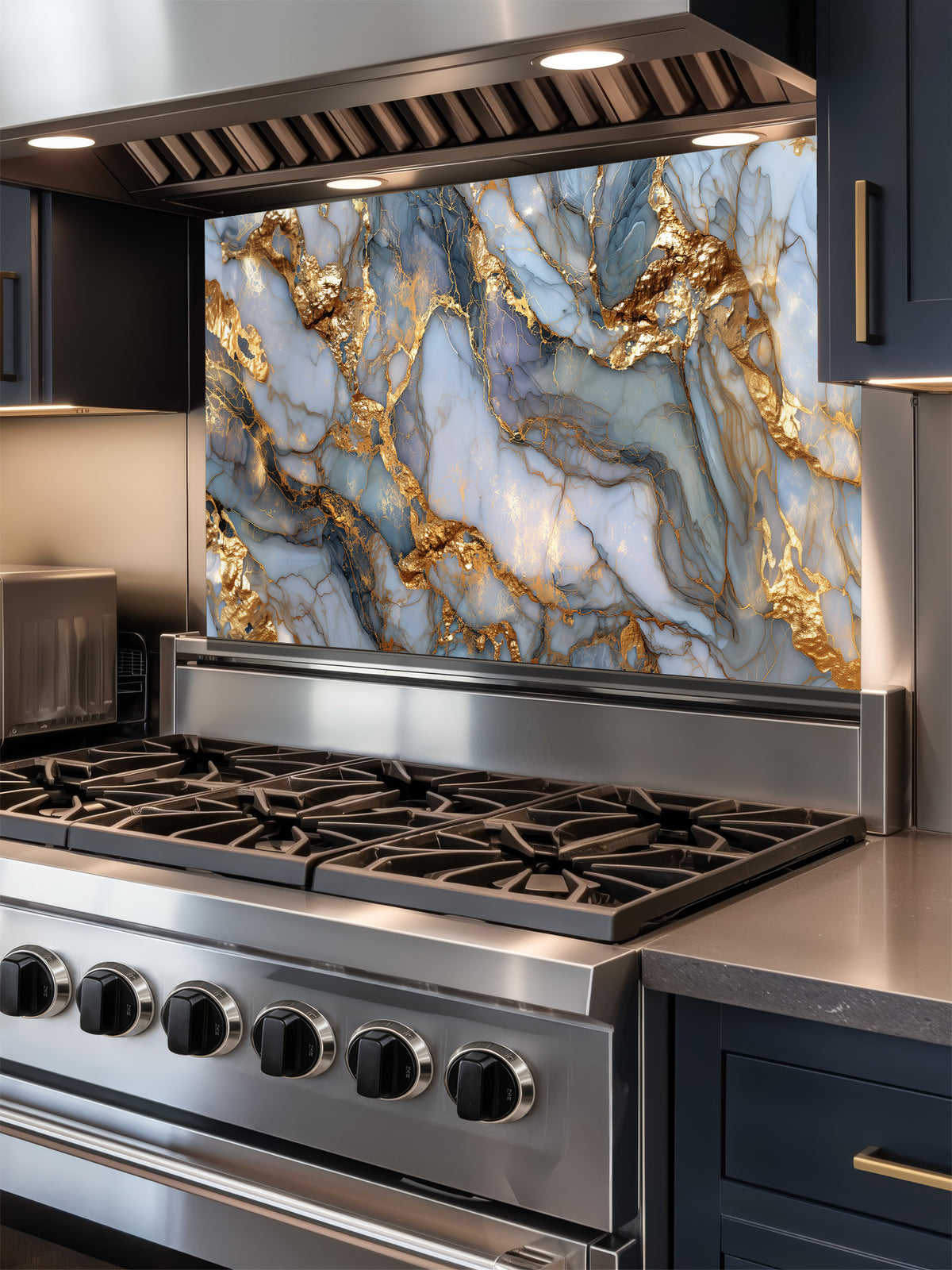 Stainless steel stove with marble backsplash in a kitchen setting