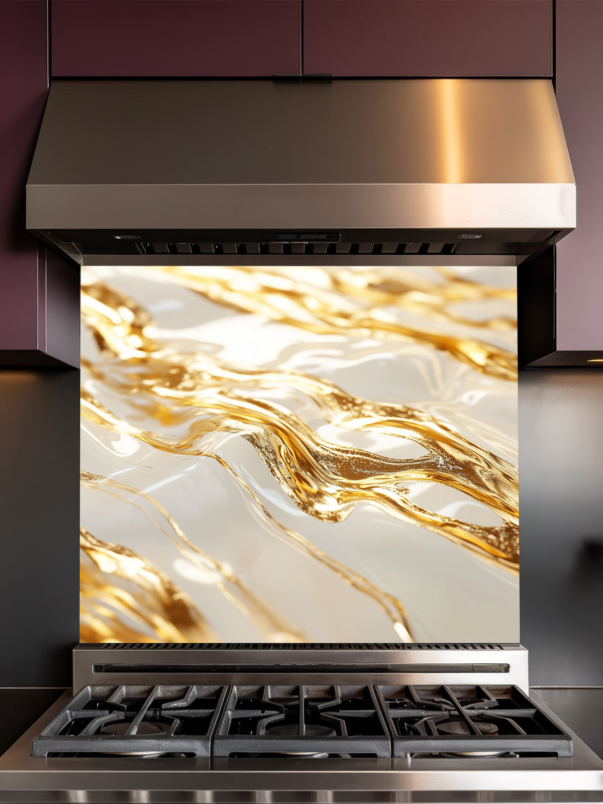 Stainless steel stove with gold and marble design backsplash