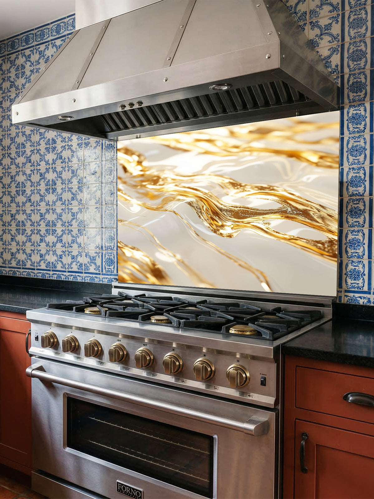 Stainless steel oven with decorative backsplash in a kitchen setting