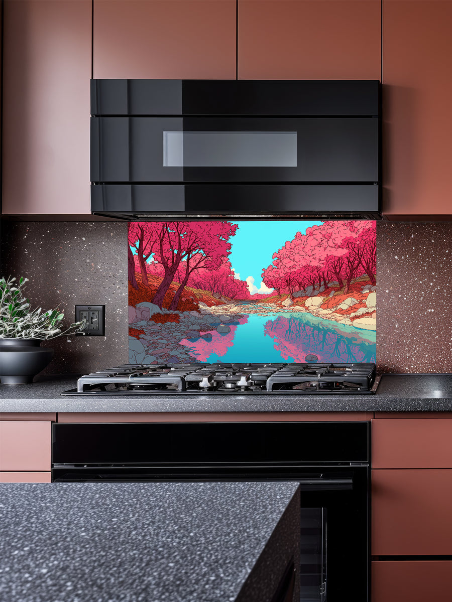 Anime style vibrant pink cherry blossom trees reflecting in a peaceful blue river, UV printed on a smooth tempered glass kitchen backsplash, installed behind a modern stove.