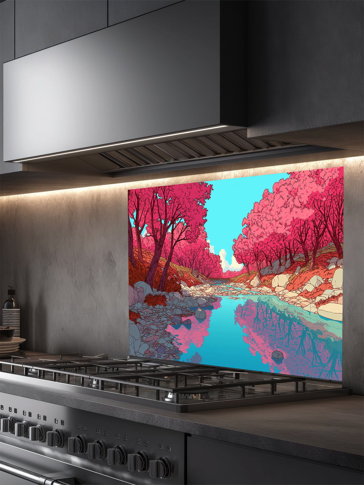 Anime style vibrant pink cherry blossom trees reflecting in a peaceful blue river, UV printed on a smooth tempered glass kitchen backsplash, installed behind a modern stove.