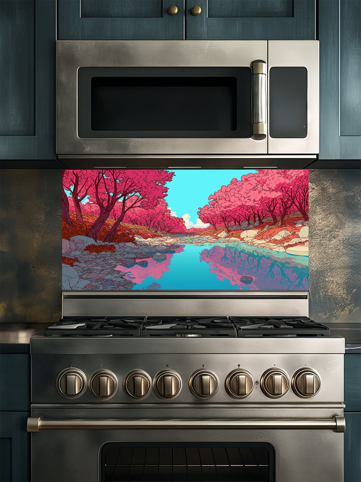 Anime style vibrant pink cherry blossom trees reflecting in a peaceful blue river, UV printed on a smooth tempered glass kitchen backsplash, installed behind a modern stove.