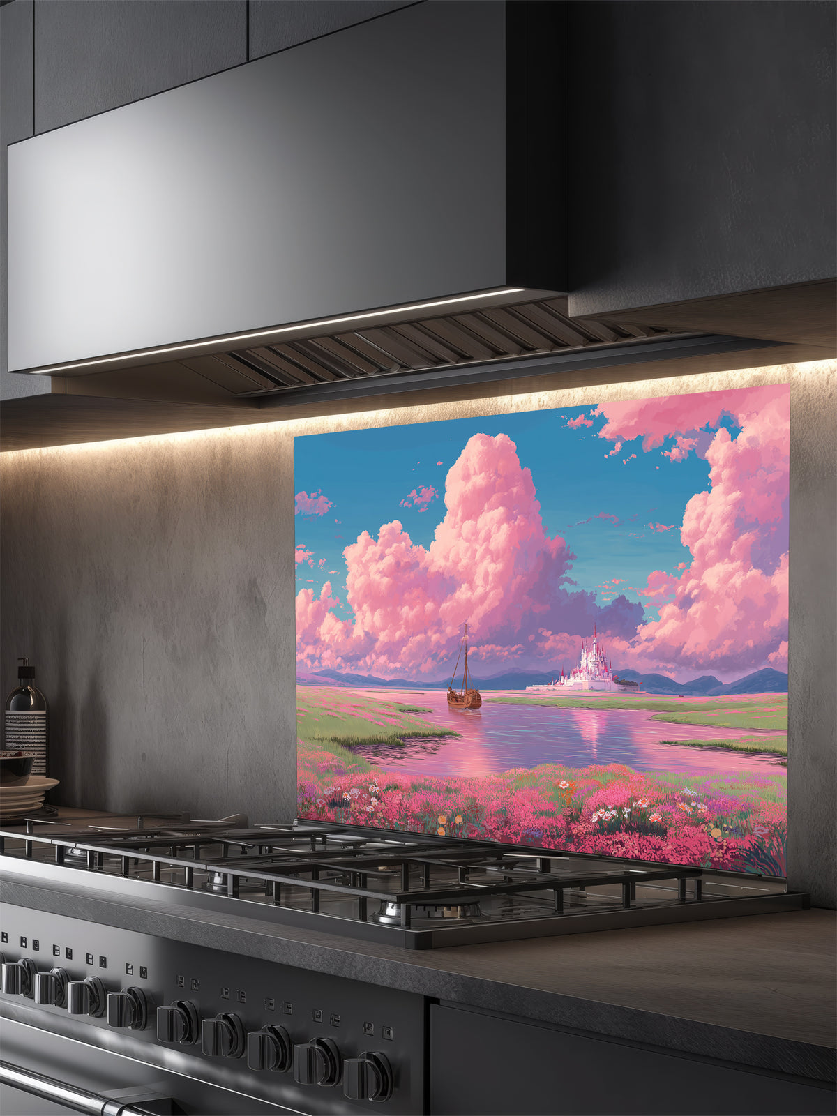 Anime style fantasy landscape with fluffy pastel pink clouds, a sailboat on a calm river, and a distant magical white castle, UV printed on a smooth tempered glass kitchen backsplash.