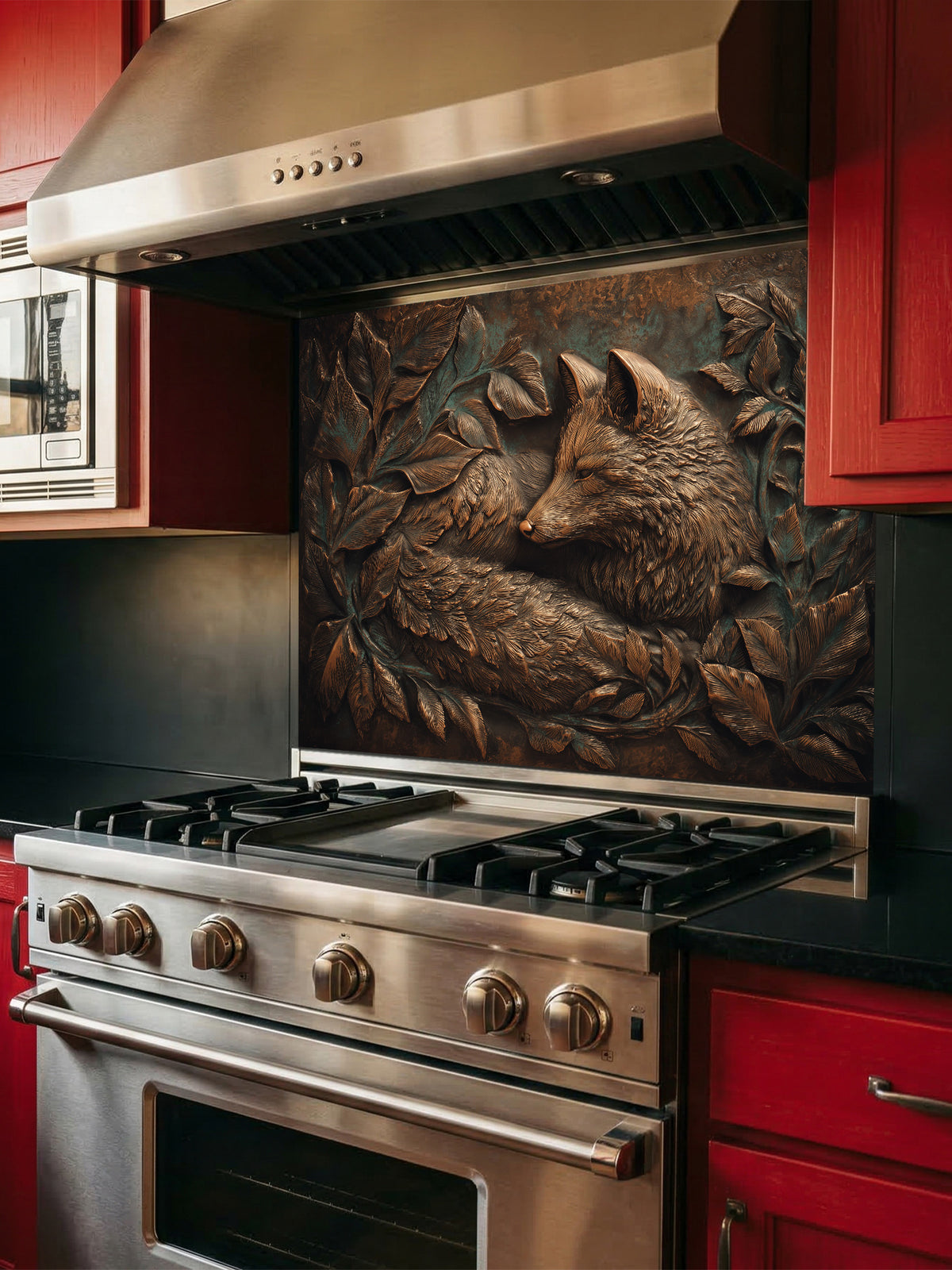 A sleek kitchen featuring a tempered glass backsplash with a highly realistic 3D illusion of an antique copper embossed fox resting among leaves, installed behind a modern stainless steel stove.
