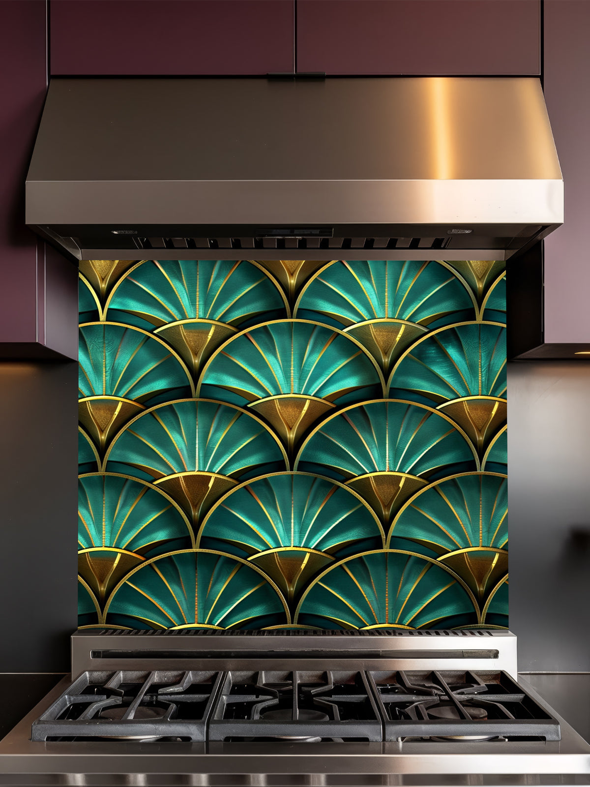 Tempered glass kitchen backsplash featuring a highly realistic 3D illusion of an Art Deco geometric scalloped fan pattern in luxurious teal and faux gold, installed behind a modern stainless steel stove.