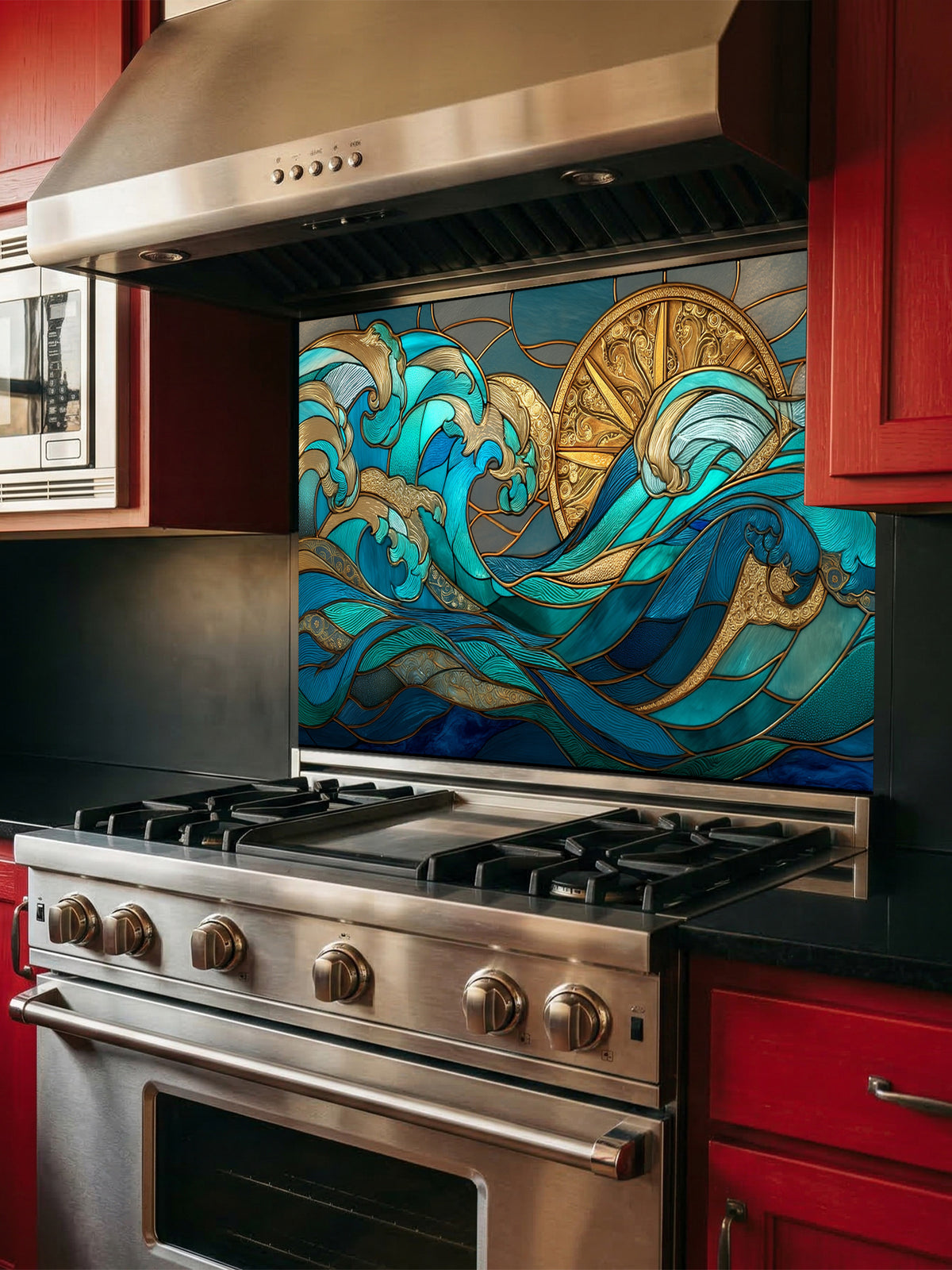 Art Deco stained glass style teal ocean waves and a golden sun UV printed on tempered glass kitchen backsplash, installed behind a modern stove.