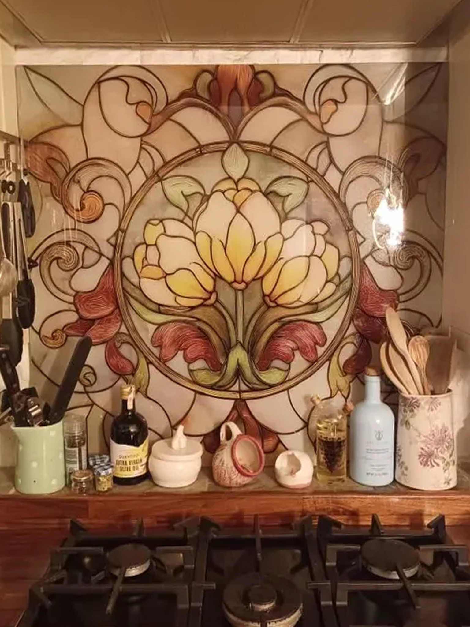 Custom Size Tempered Glass Kitchen Backsplash - Vintage Art Nouveau Stained Glass Effect Floral Splashback