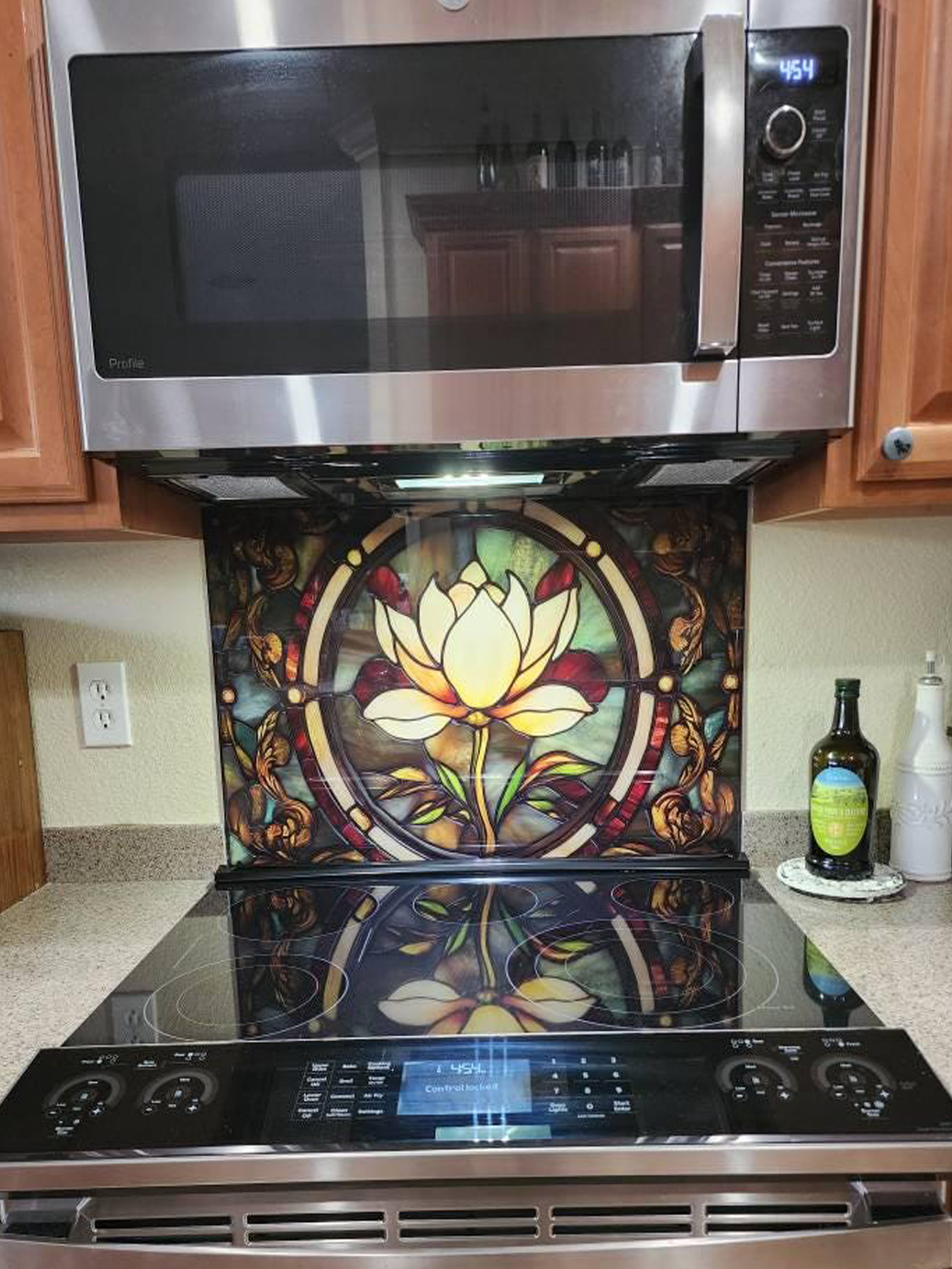 Custom Size Tempered Glass Kitchen Backsplash - Vintage Stained Glass Effect Lotus & Art Nouveau Splashback