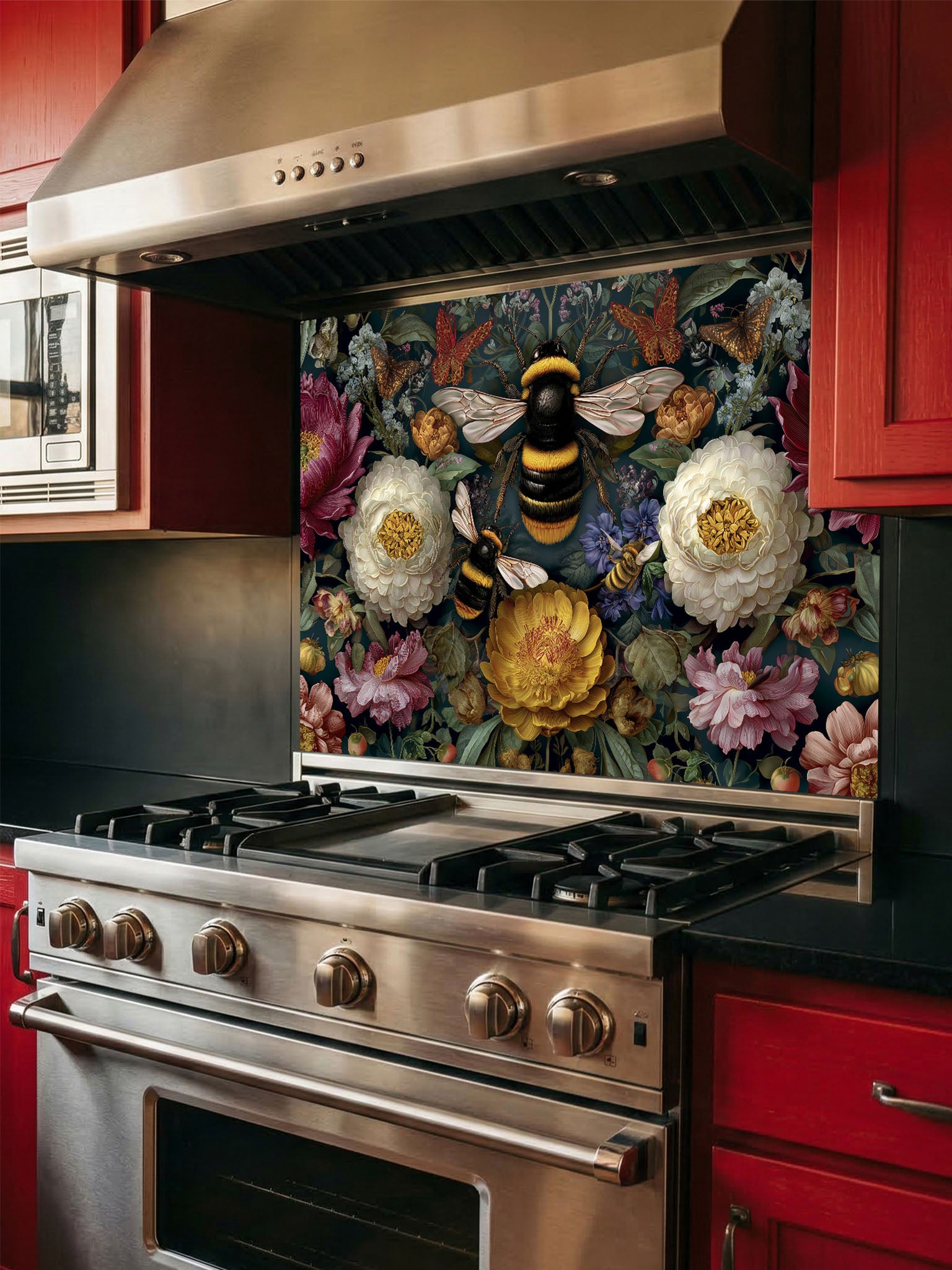 Tempered glass kitchen backsplash featuring a dark moody floral and large bumblebee vintage design installed behind a modern stainless steel stove.