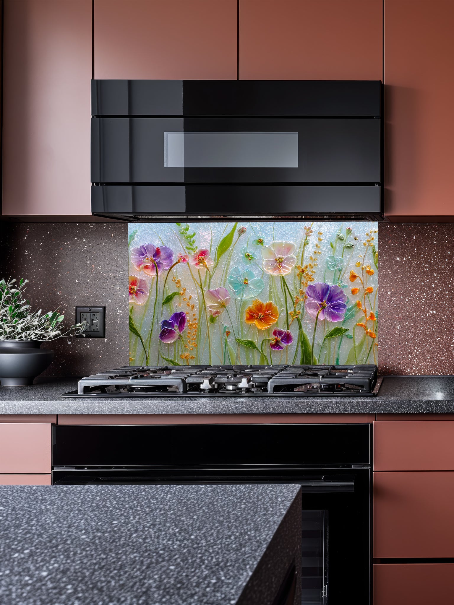 Faux 3D effect glossy glass art wildflowers including pansies in vibrant purple, pink, yellow, and blue, UV printed on a smooth tempered glass kitchen backsplash.