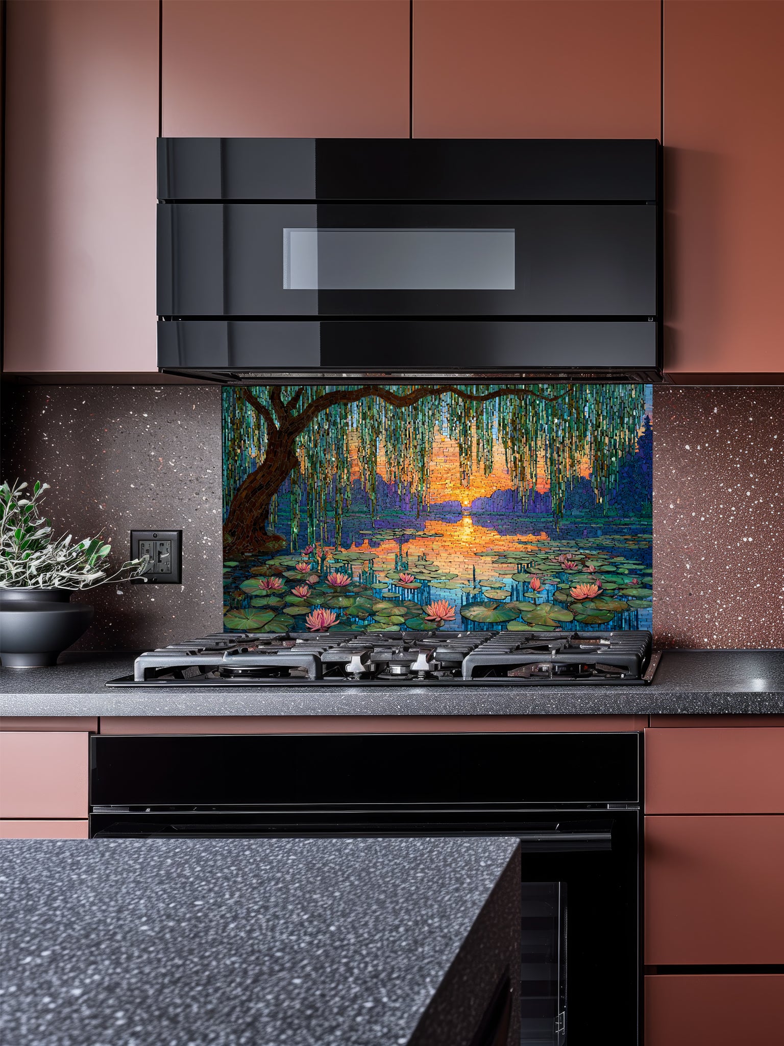 Tempered glass kitchen backsplash featuring a highly realistic 3D illusion of intricate mosaic tile art showing a majestic weeping willow tree and blooming pink water lilies on a tranquil lake during a vibrant golden and purple sunset, installed behind a modern black stove.