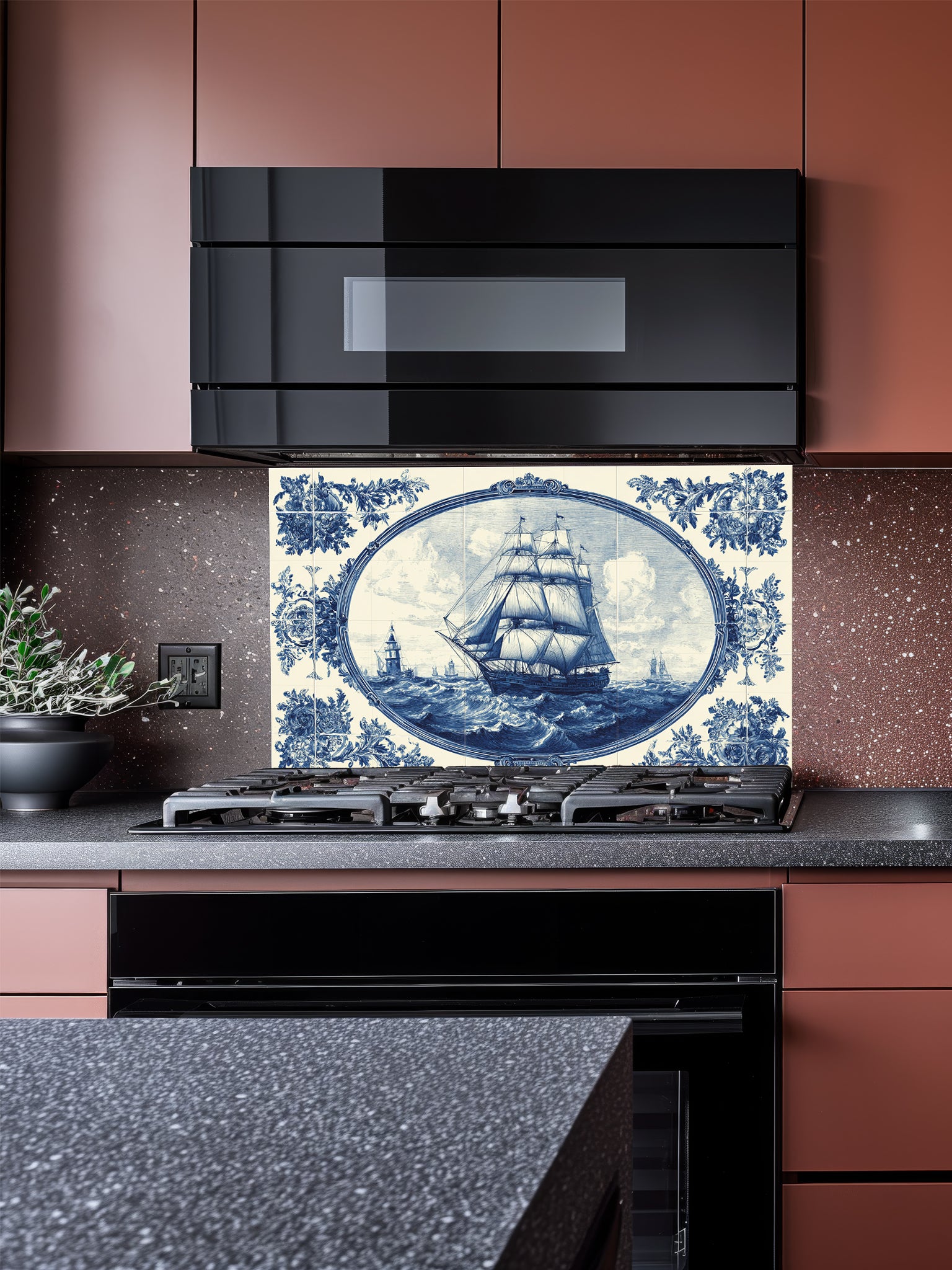 Faux blue and white Portuguese Azulejo tile mural featuring a classic sailing ship on the ocean, UV printed on a smooth tempered glass kitchen backsplash.