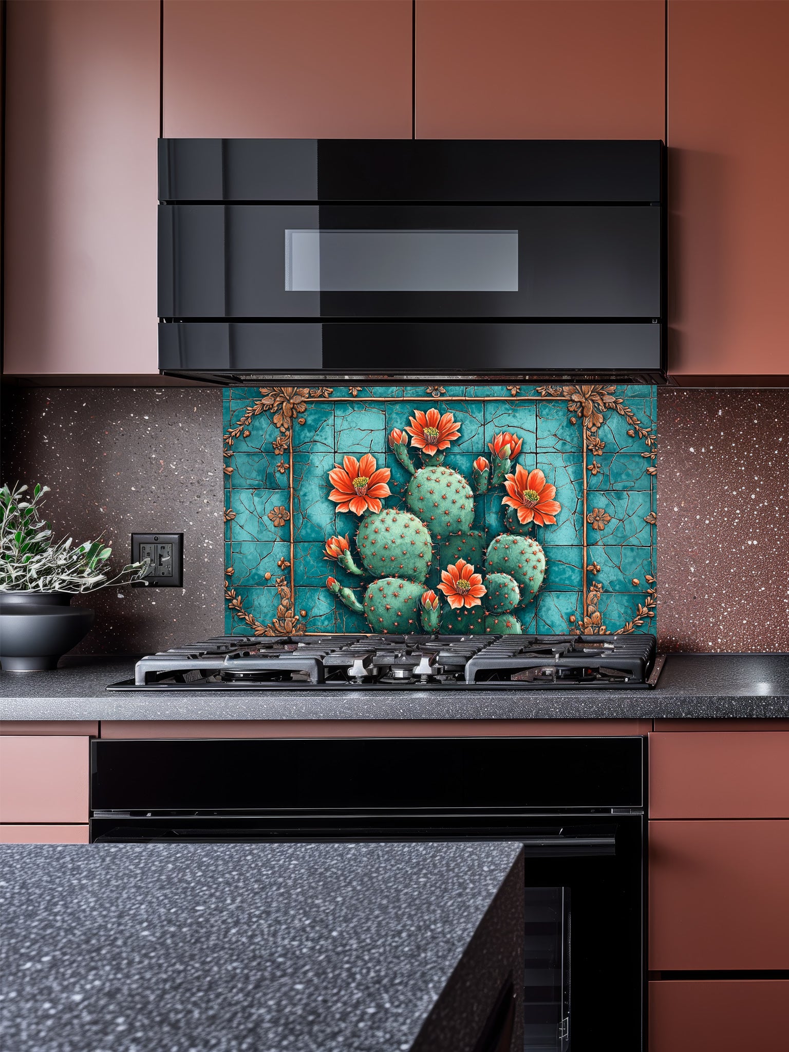 Faux vintage cracked turquoise tile featuring a blooming prickly pear cactus with orange flowers, UV printed on a smooth tempered glass kitchen backsplash, installed behind a modern stove.