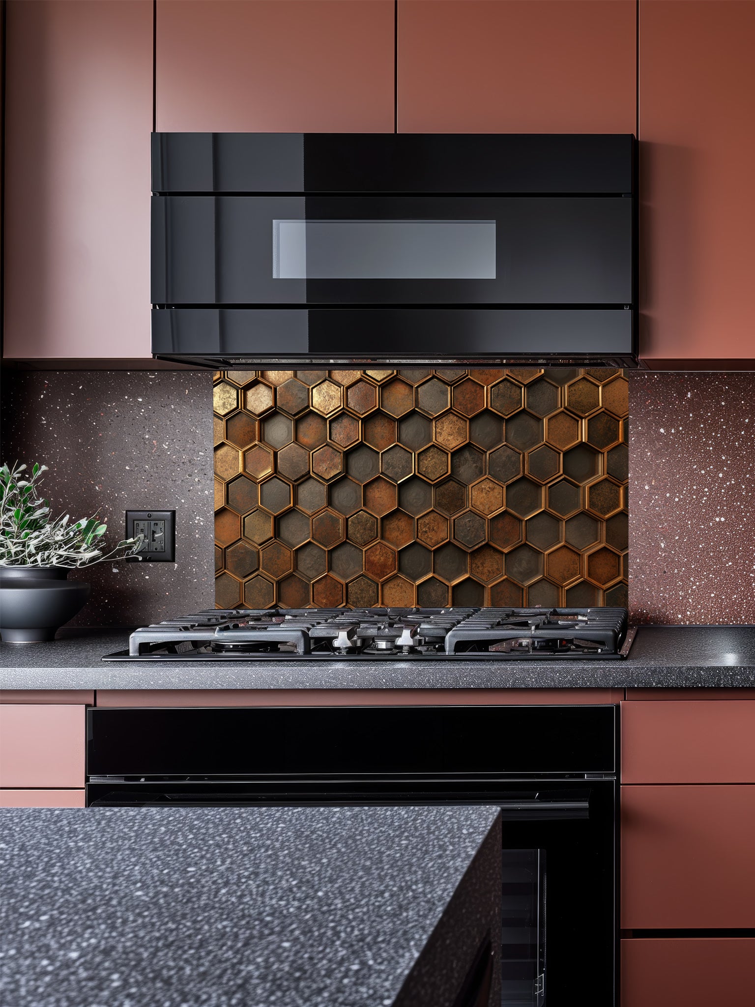 Faux 3D effect weathered and rusted metal hexagon tiles in copper and iron tones, UV printed on a smooth tempered glass kitchen backsplash, installed behind a modern stove.