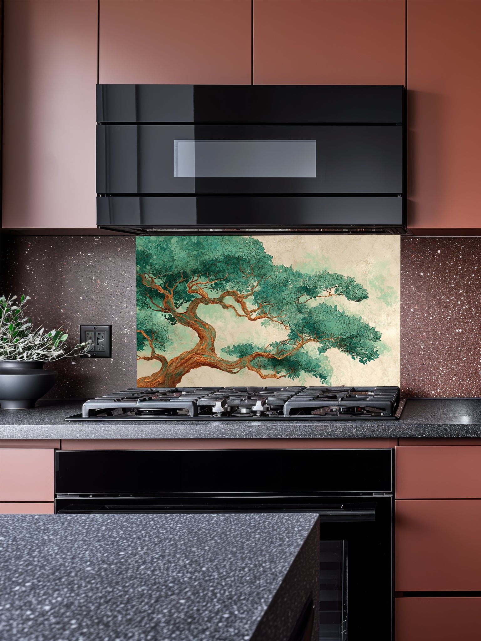 Traditional Asian art style illustration of an ancient bonsai pine tree with lush green needles on a textured beige background, UV printed on a smooth tempered glass kitchen backsplash.