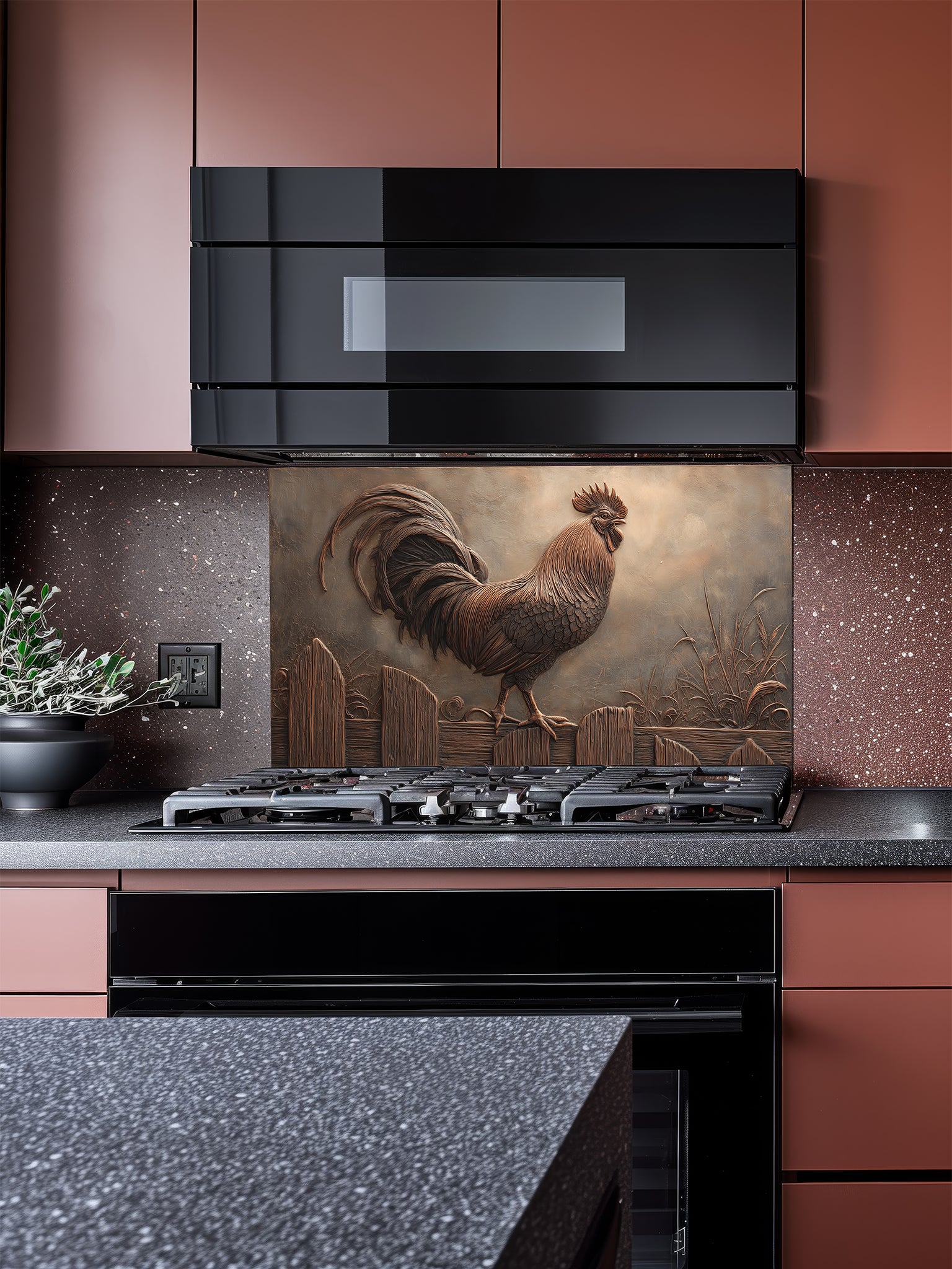 Tempered glass kitchen backsplash featuring a highly realistic 3D faux copper metal relief design of a rustic rooster standing on a fence, installed behind a modern stainless steel stove.