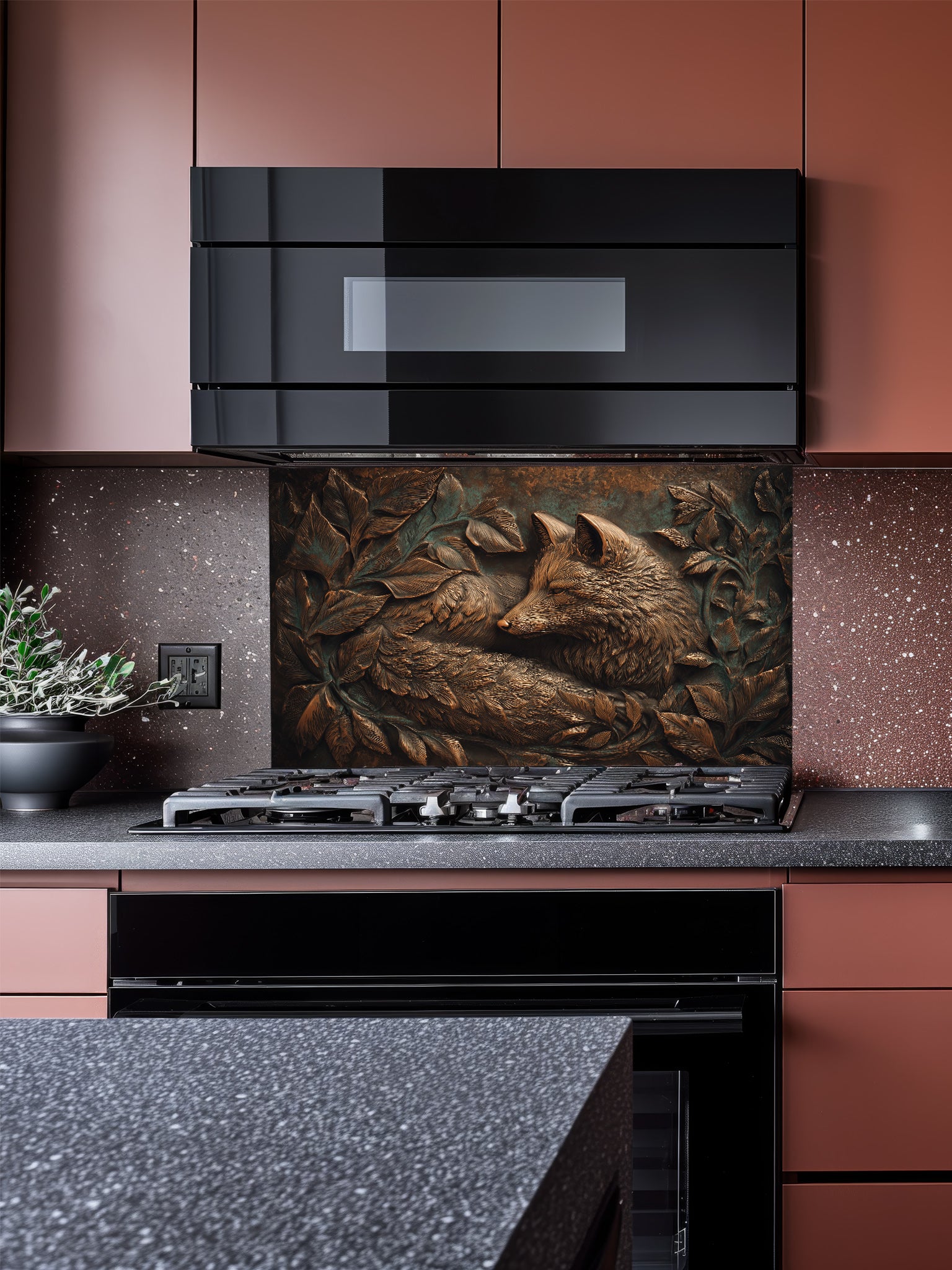 A sleek kitchen featuring a tempered glass backsplash with a highly realistic 3D illusion of an antique copper embossed fox resting among leaves, installed behind a modern stainless steel stove.
