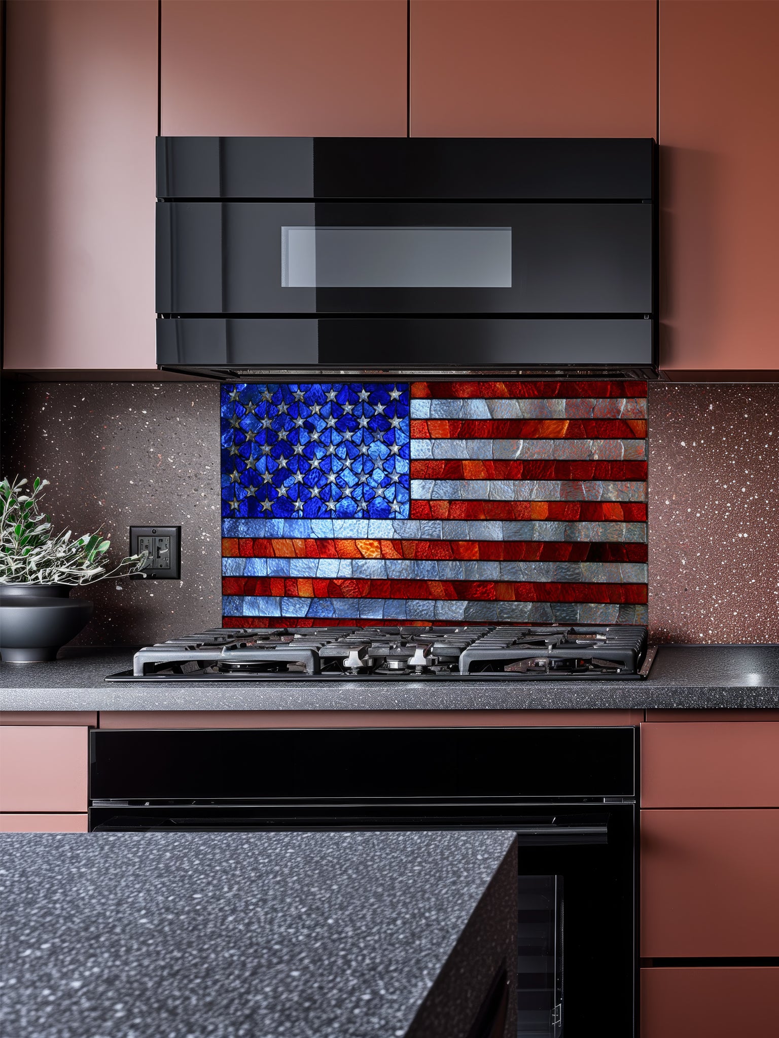 Faux stained glass pattern featuring the American flag with vibrant red, white, and blue textured pieces, UV printed on a smooth tempered glass kitchen backsplash.