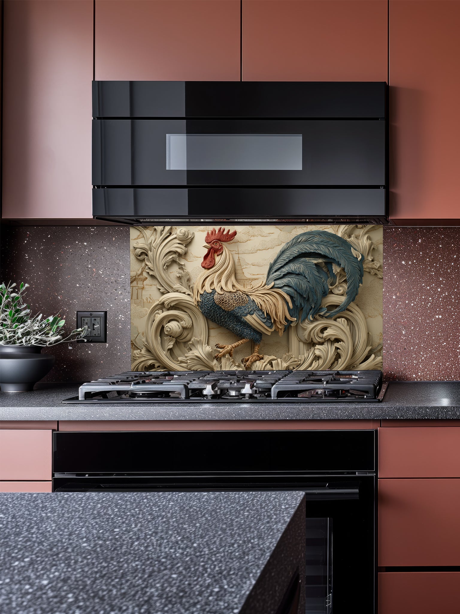 Tempered glass kitchen backsplash featuring a highly realistic 3D illusion of an intricately carved bas-relief sculpture showing a proud rooster with slate blue and gold feathers surrounded by ornate, flowing creamy beige baroque acanthus swirls, installed behind a modern black stove.