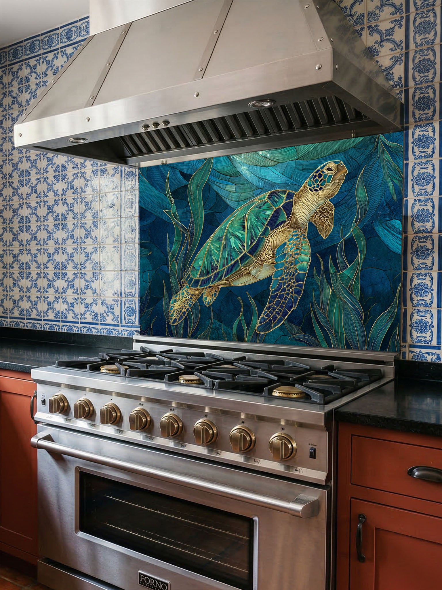 Tempered glass kitchen backsplash featuring an elegant stained glass style sea turtle swimming in deep blue ocean water, installed behind a modern stainless steel stove.