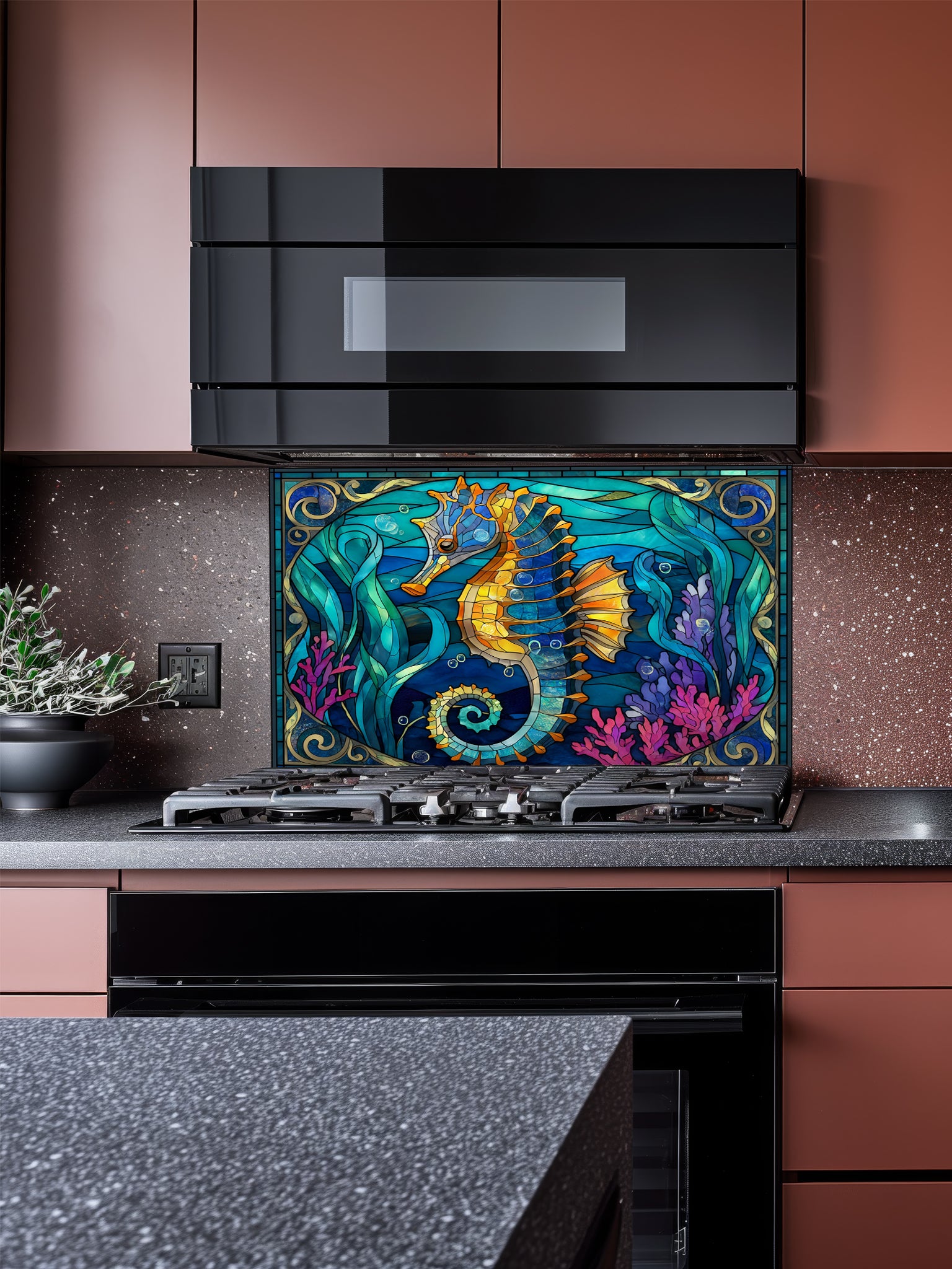 Faux stained glass pattern featuring a vibrant golden seahorse, magenta corals, and swirling turquoise ocean waves, UV printed on a smooth tempered glass kitchen backsplash.