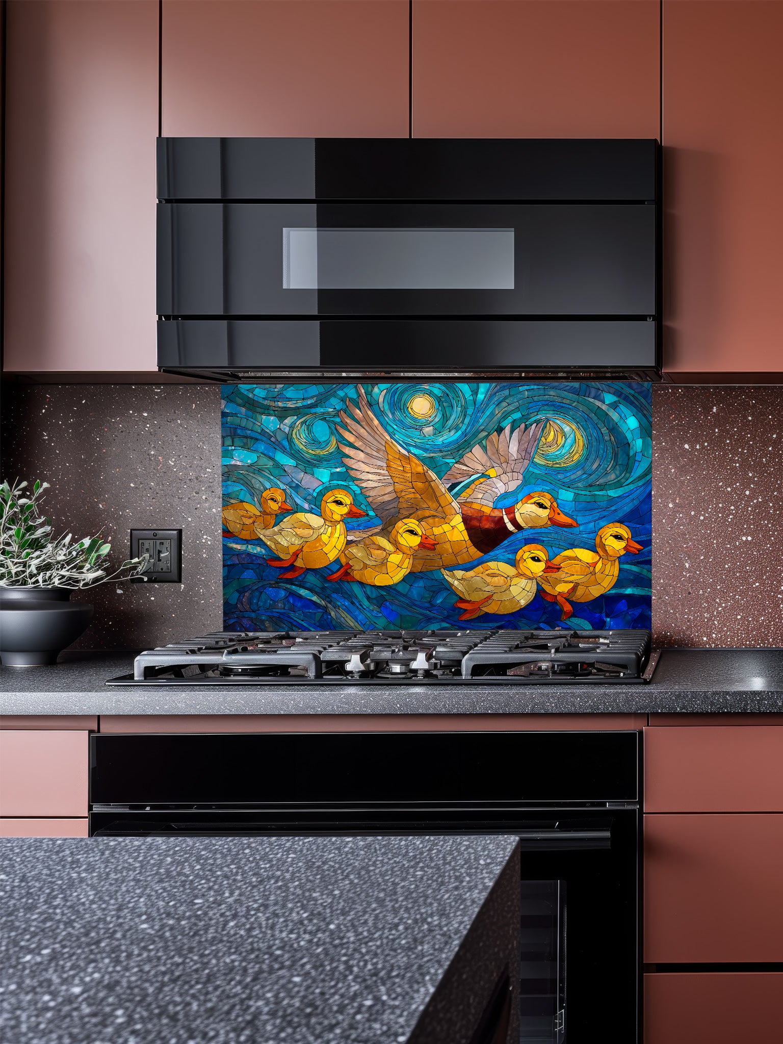 Stained glass style family of ducks flying and swimming in a swirling blue starry night sky, UV printed on a smooth tempered glass kitchen backsplash, installed behind a modern stove.