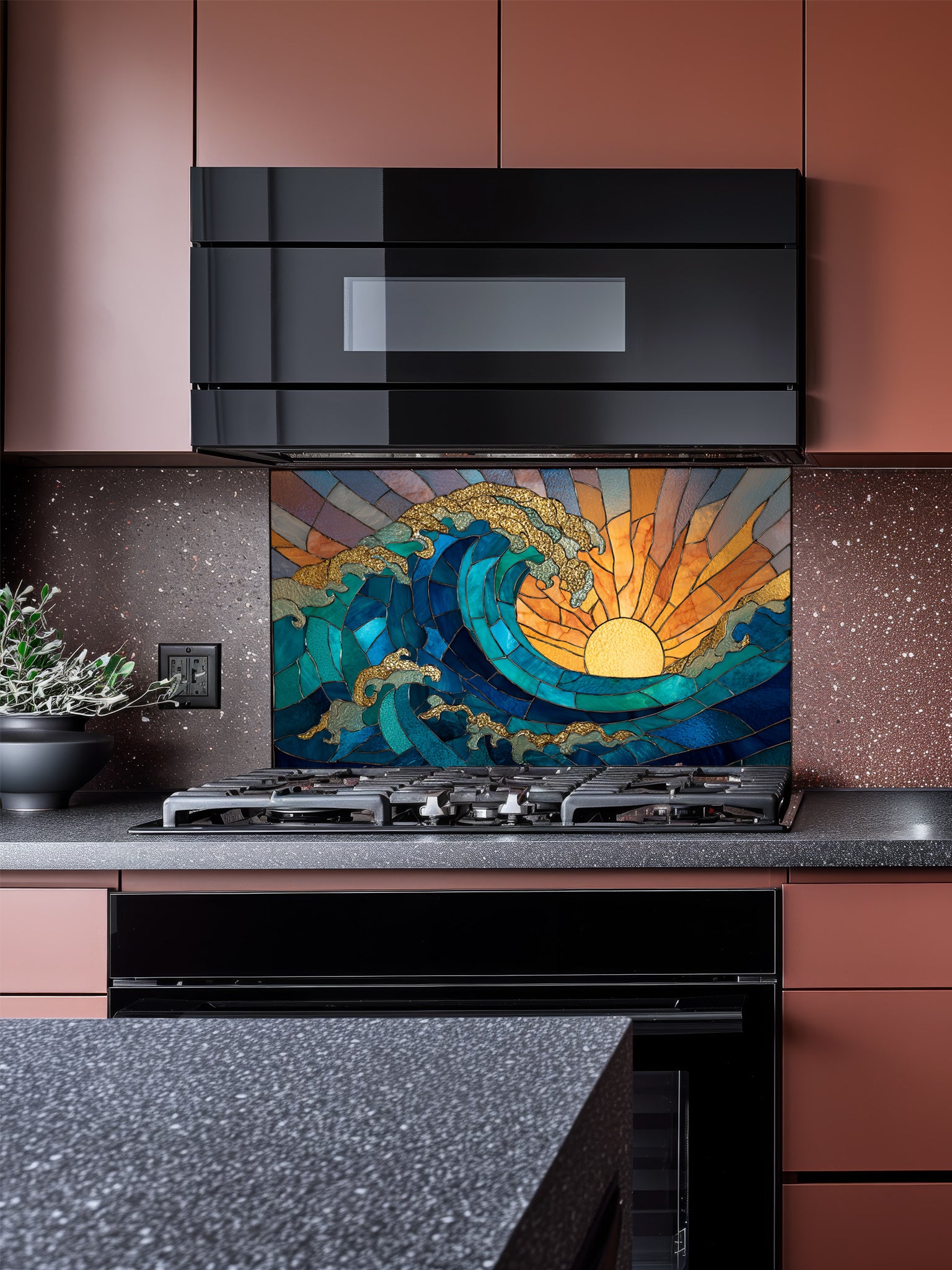 Stained glass style crashing ocean wave and vibrant golden sunrise, UV printed on a smooth tempered glass kitchen backsplash, installed behind a modern stove.