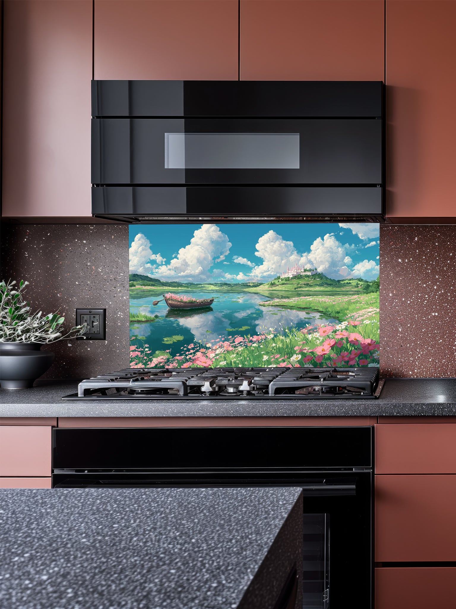 Anime style vibrant summer landscape with fluffy white clouds, a blue lake, a flower-filled boat, and pink cosmos flowers, UV printed on a smooth tempered glass kitchen backsplash.