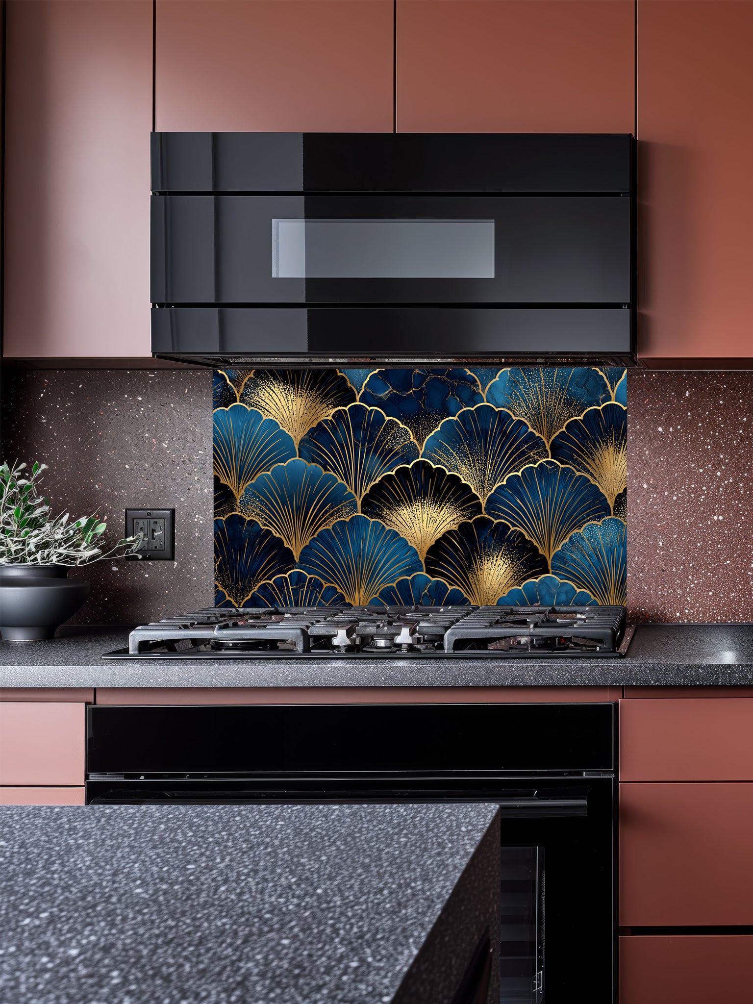 Elegant Art Deco geometric scalloped fan pattern in deep navy blue and gold, UV printed on a smooth tempered glass kitchen backsplash, installed behind a modern stove.