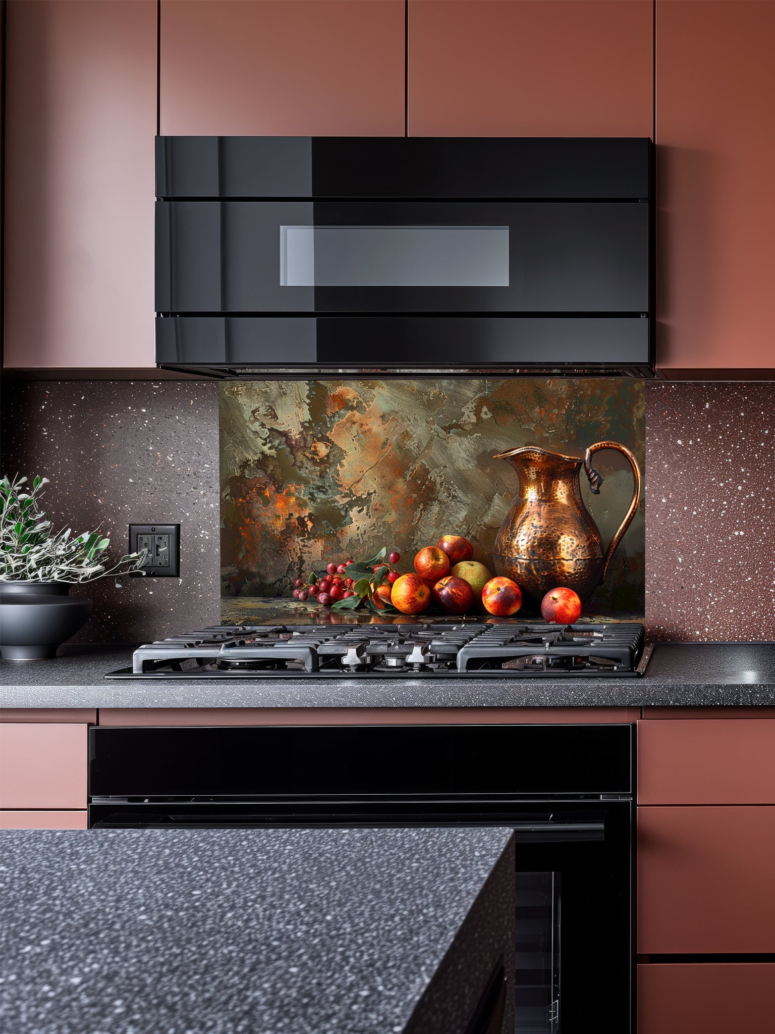 Rustic still life painting of a hammered copper pitcher and fresh fruits against a textured patina metal background, UV printed on a smooth tempered glass kitchen backsplash.