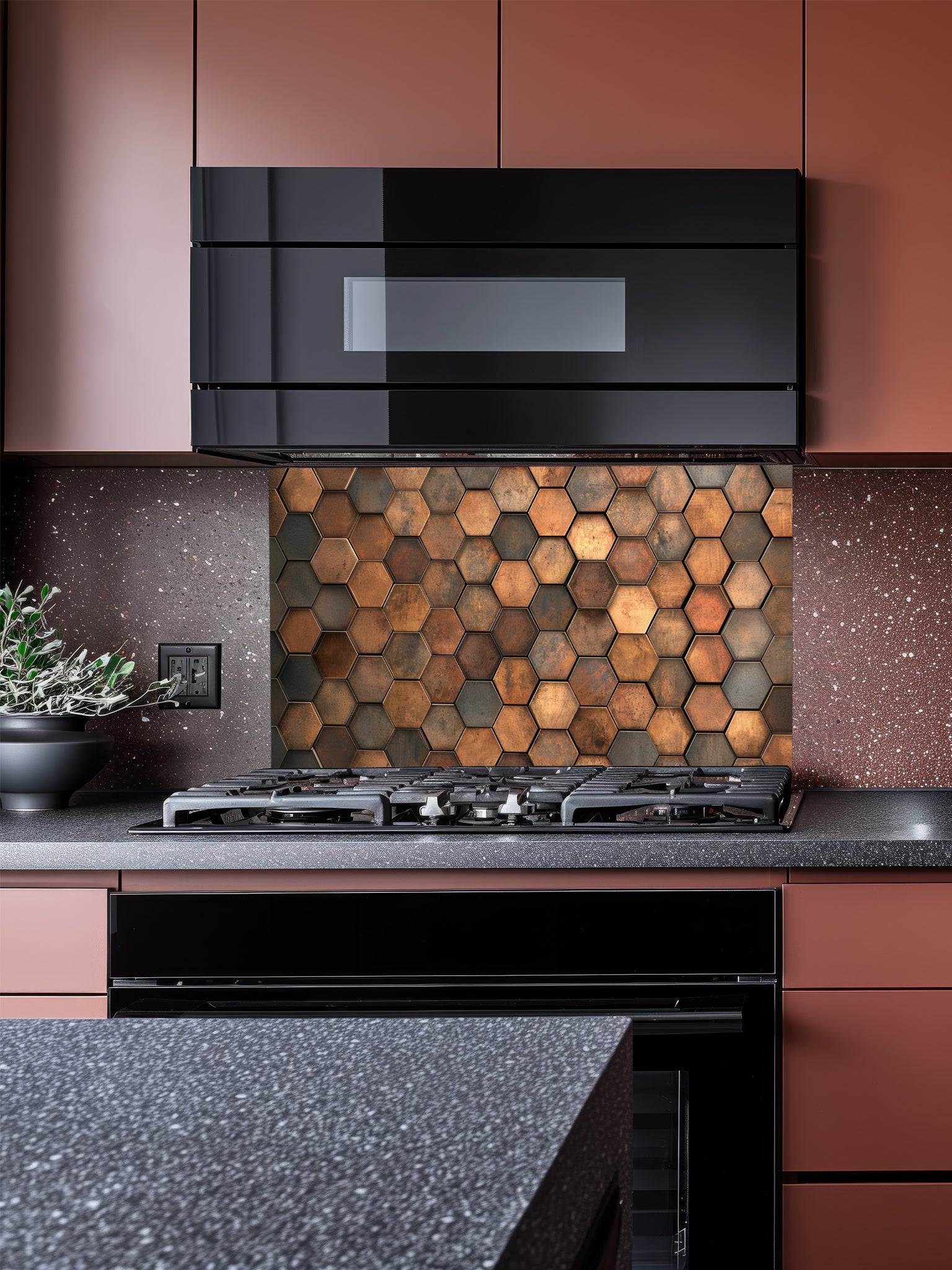 Faux 3D industrial metal hexagon honeycomb tile pattern in rustic copper and bronze tones, UV printed on a smooth tempered glass kitchen backsplash.
