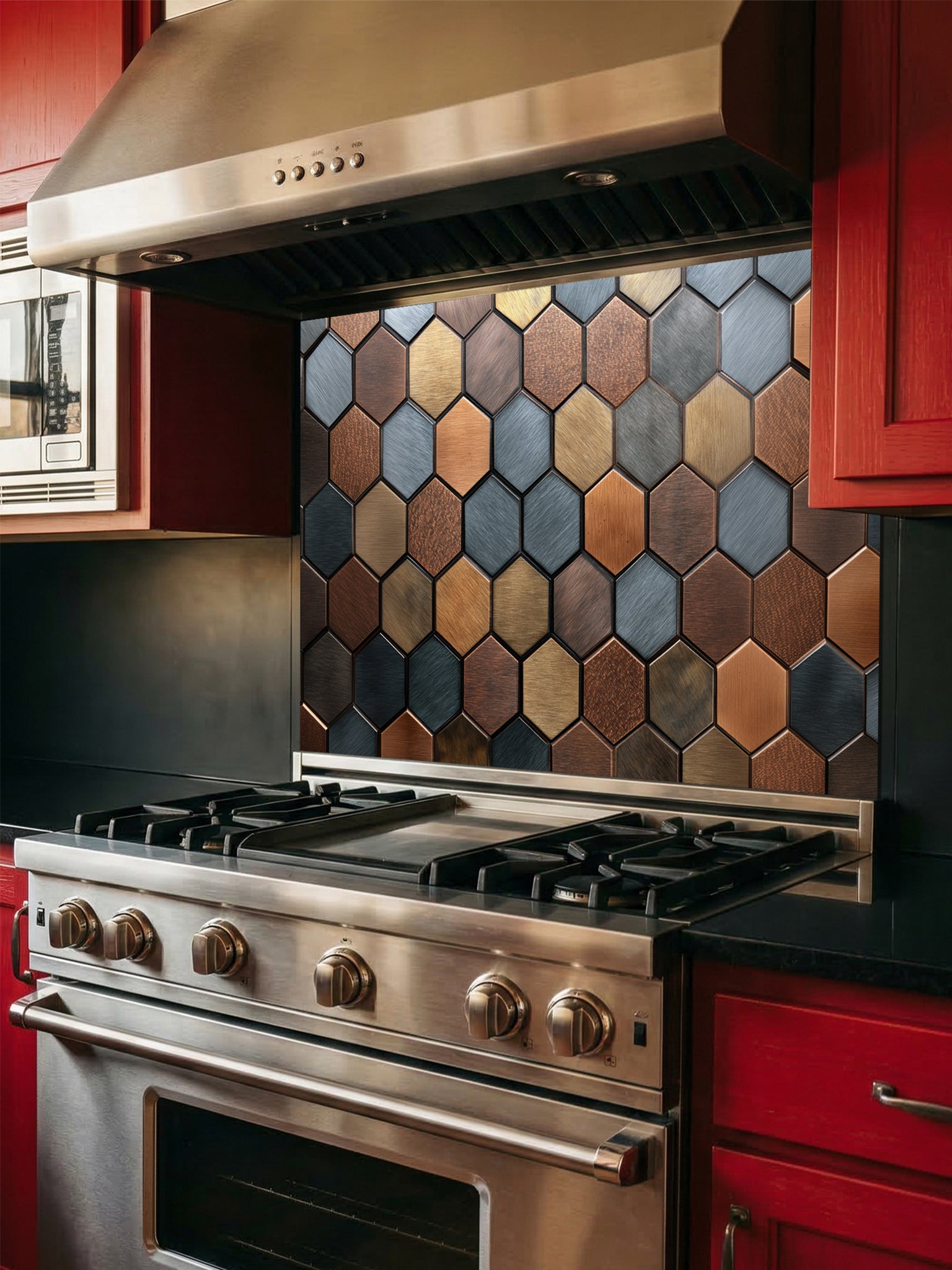 Tempered glass kitchen backsplash featuring a modern metallic hexagon honeycomb pattern in rich copper, bronze, and slate blue tones, installed behind a stainless steel stove.