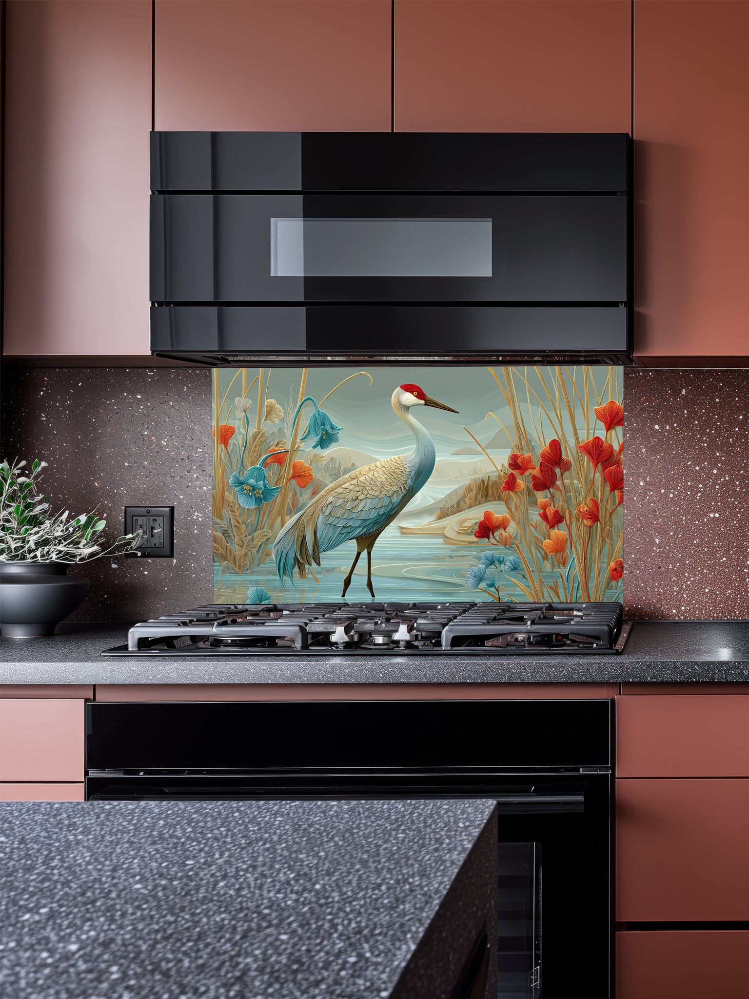 Tempered glass kitchen backsplash featuring a highly realistic illustrative design of a majestic crane standing in water among stylized red poppies and bluebell flowers against a sage green sky, installed behind a modern black stove.