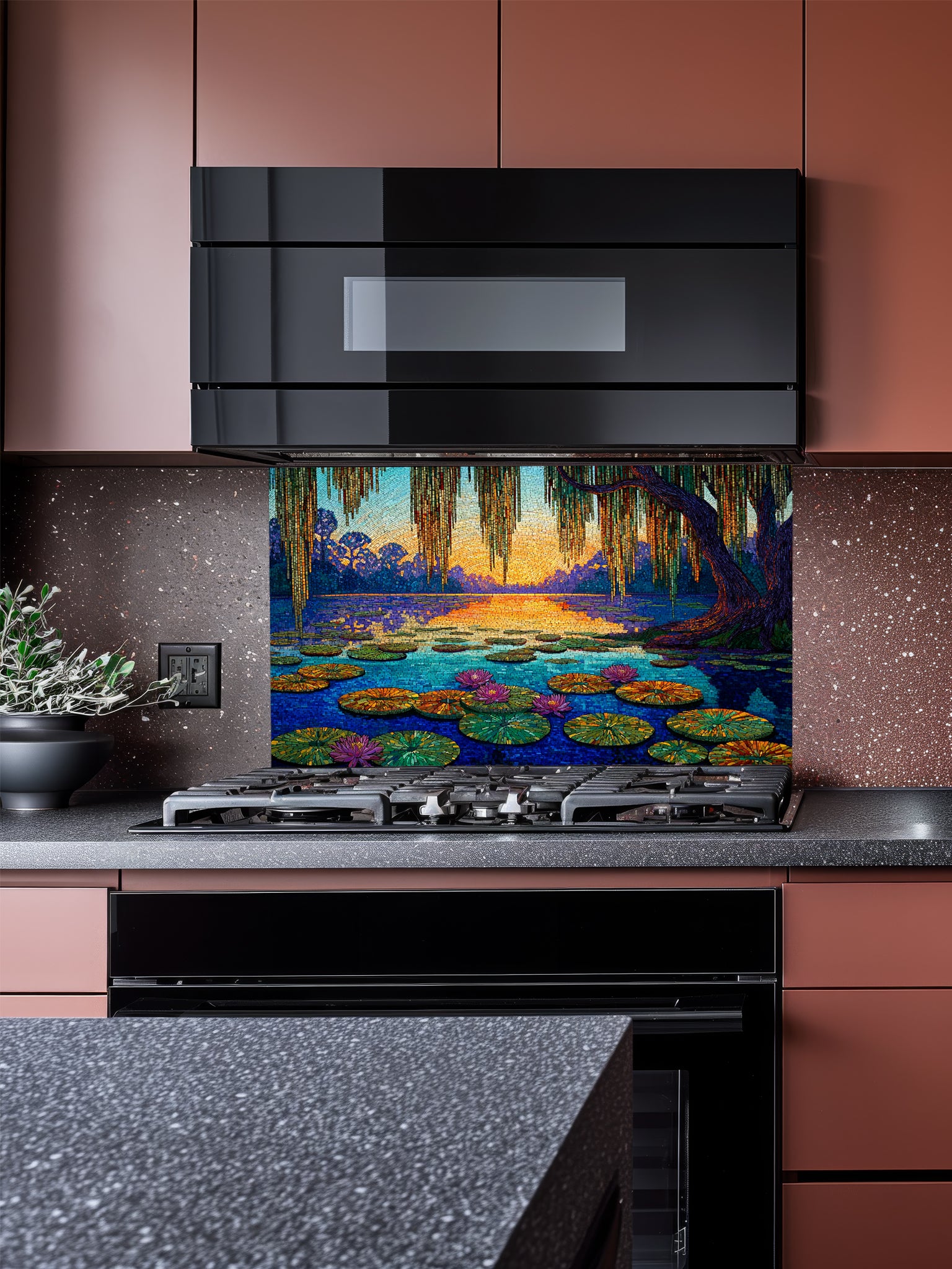 Tempered glass kitchen backsplash featuring a highly realistic 3D illusion of a Pointillist or Impressionist fine art painting, showing a tranquil lake with pink water lilies and a weeping willow at sunset, created with thousands of tiny textured paint dots, installed behind a modern black stove.