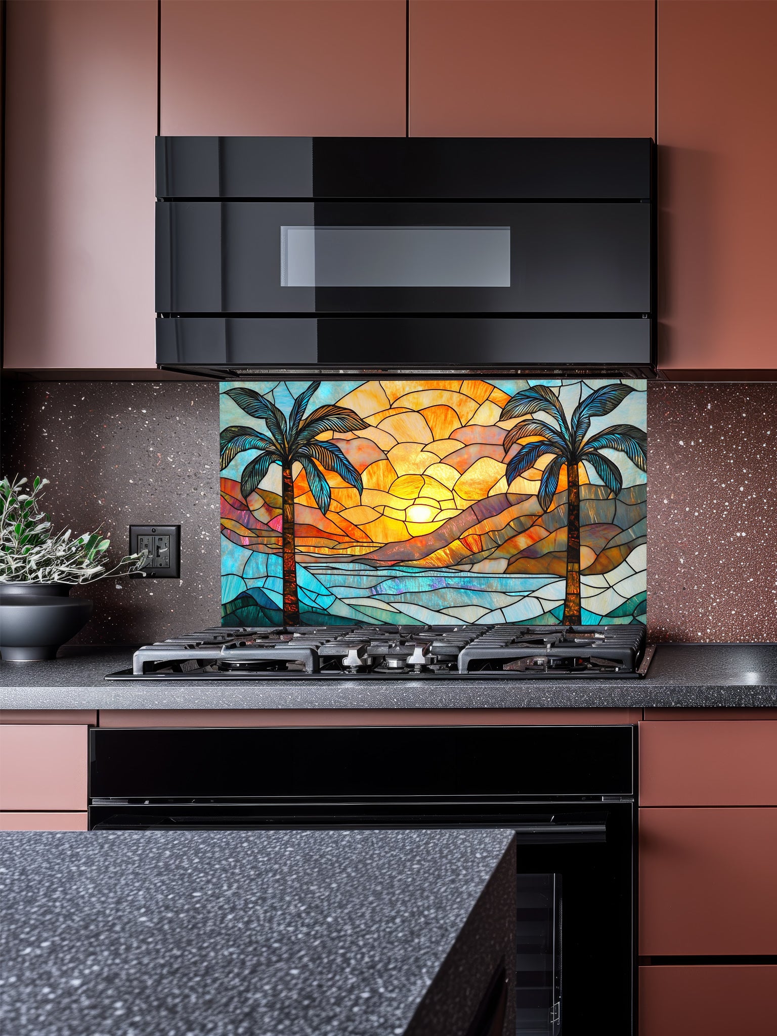 Stained glass style tropical beach sunset with two palm trees, ocean waves, and vibrant orange and blue sky, UV printed on a smooth tempered glass kitchen backsplash, installed behind a modern stove.