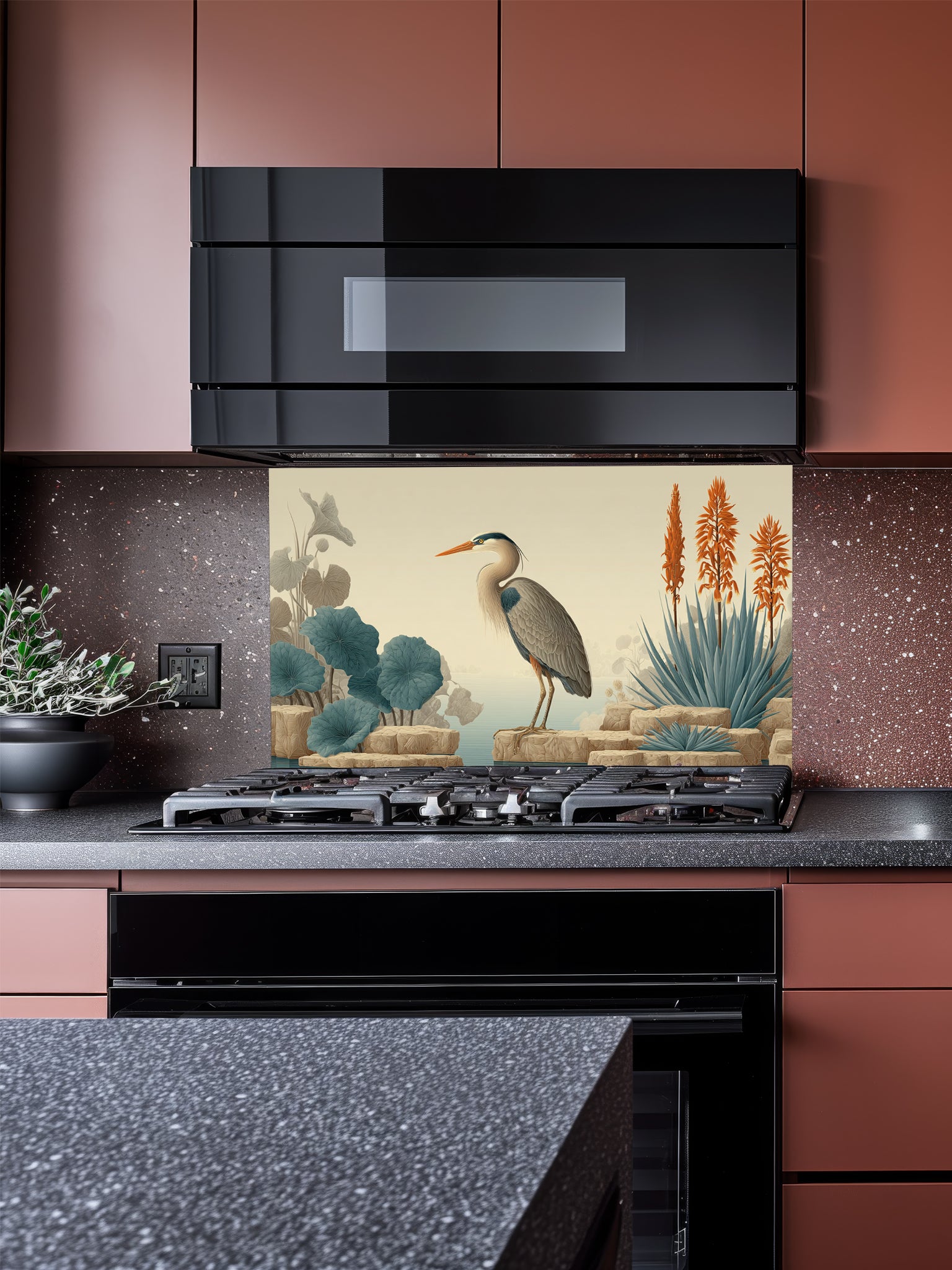 Tempered glass kitchen backsplash featuring a highly realistic illusion of a vintage naturalist illustration showing a serene blue heron standing on beige rocks among muted teal lotus leaves and tall orange exotic flowers against a soft cream background, installed behind a modern black stove.