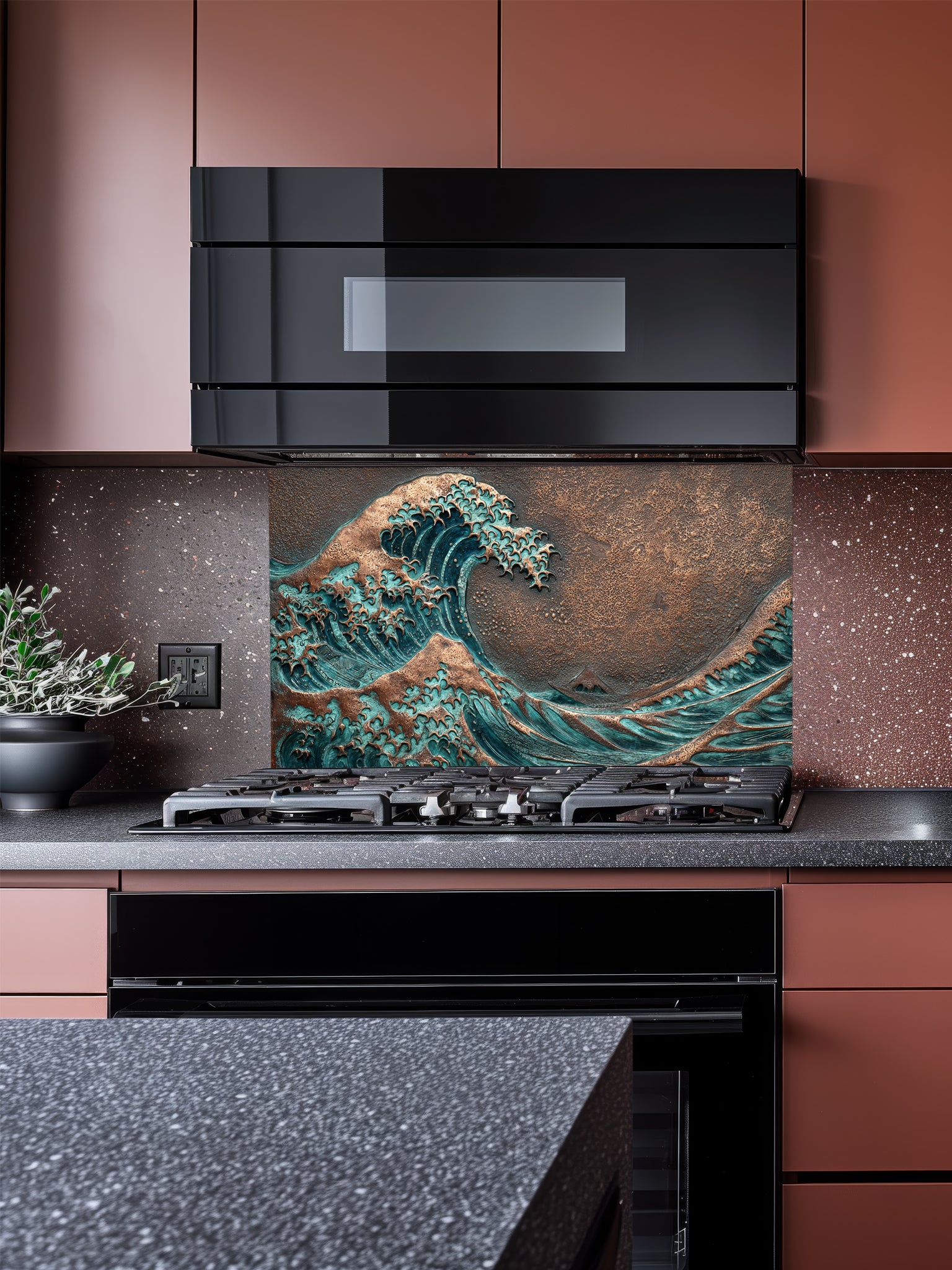 Faux 3D sculpted oxidized copper and bronze relief of the Great Wave off Kanagawa, featuring rich teal patina, UV printed on a smooth tempered glass kitchen backsplash.
