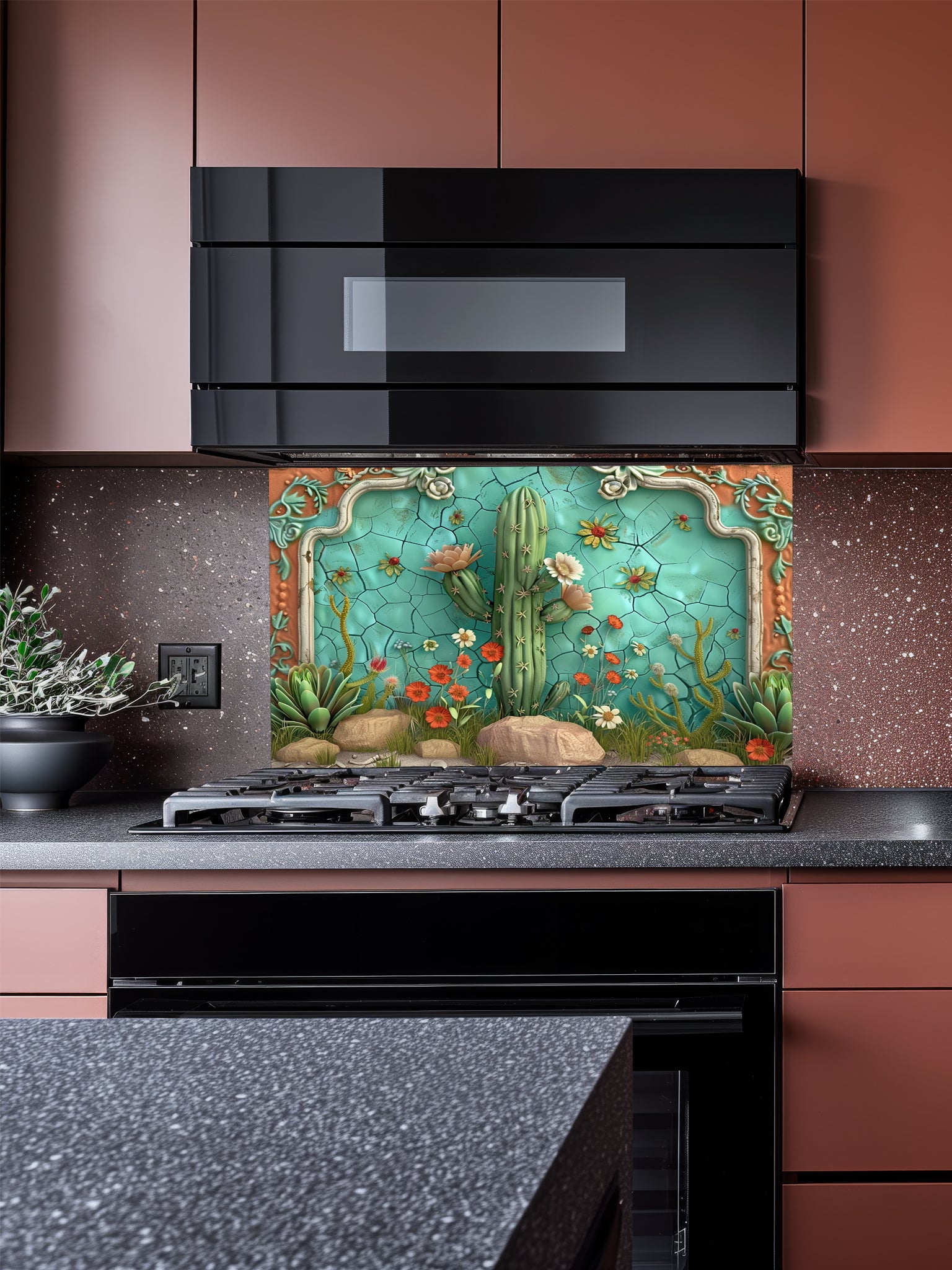 Faux 3D sculpted relief of a desert scene with a Saguaro cactus, succulents, and a terracotta frame against a cracked turquoise ceramic background, UV printed on a smooth tempered glass kitchen backsplash.