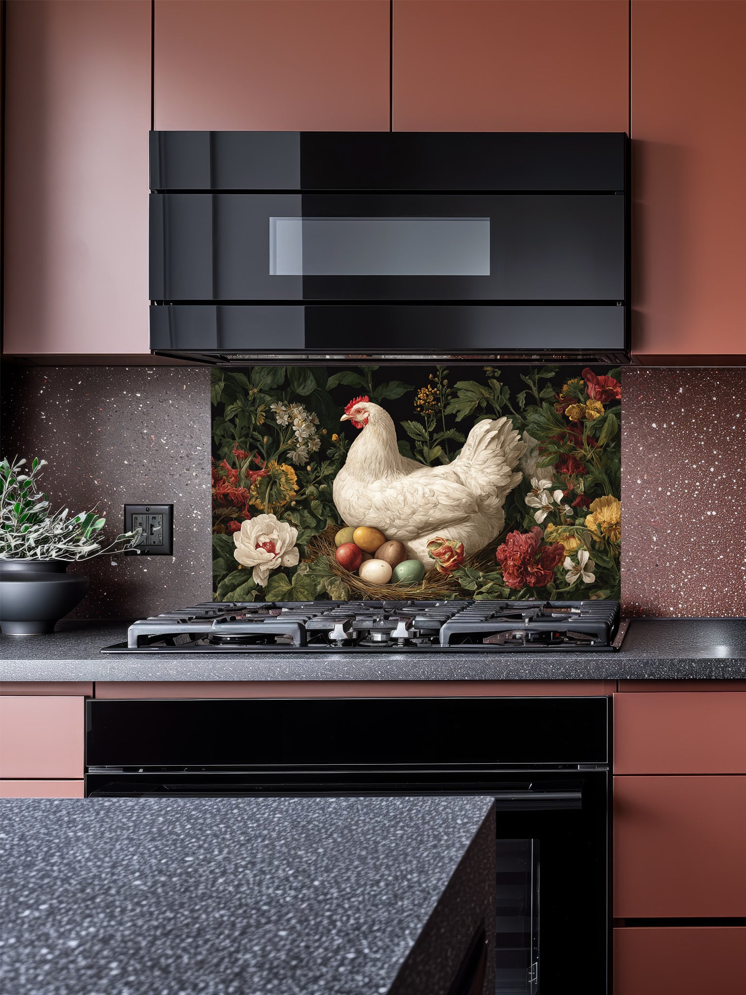 Vintage oil painting style white hen sitting on a nest with colorful eggs surrounded by dark moody flowers, UV printed on tempered glass kitchen backsplash, installed behind a modern stove.