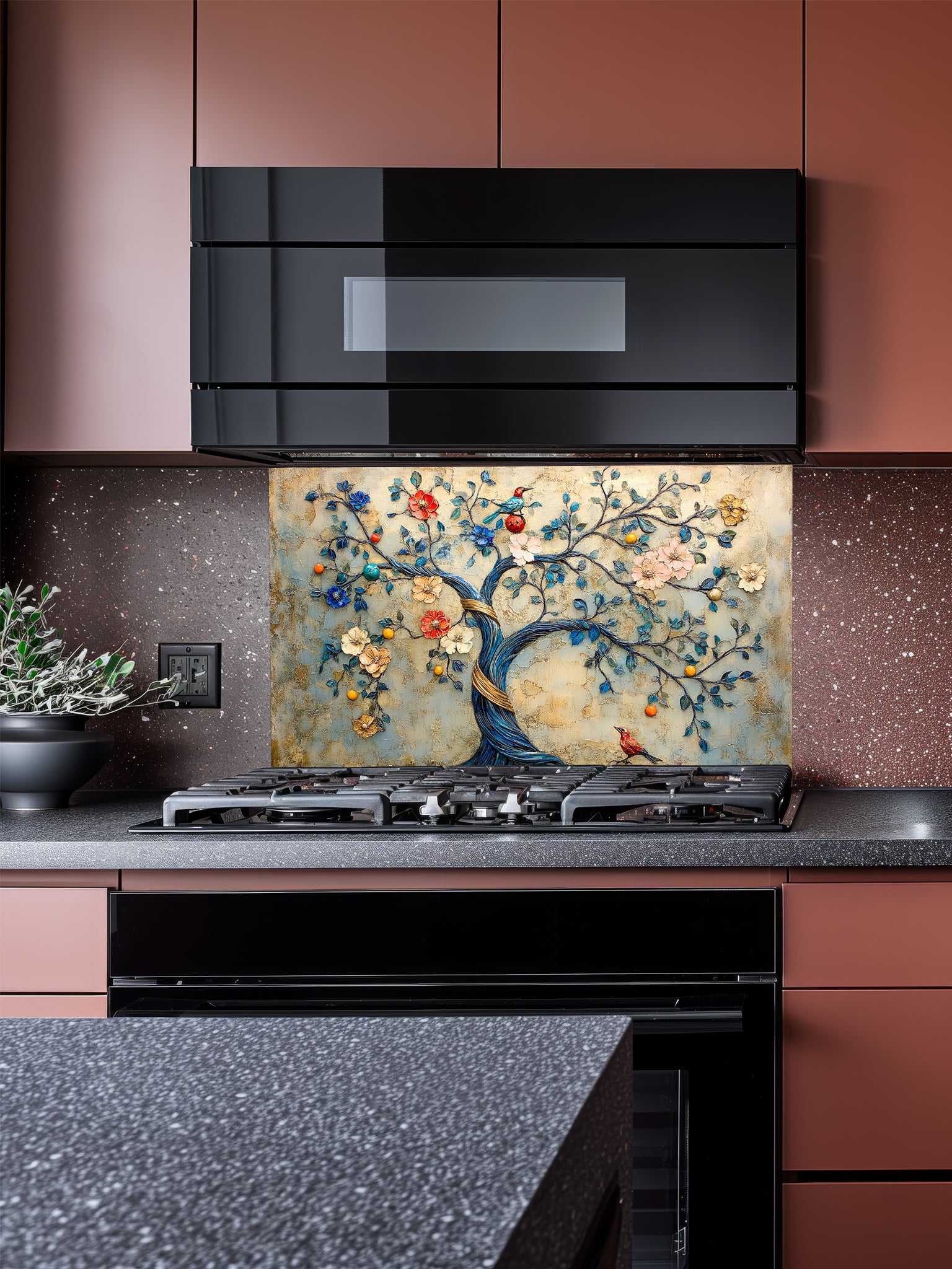 Tempered glass kitchen backsplash featuring a highly realistic 3D illusion of an embossed bas-relief sculpture showing an enchanted tree with a twisting blue trunk, colorful blooming flowers, and perched birds against a textured vintage golden-beige background, installed behind a modern black stove.