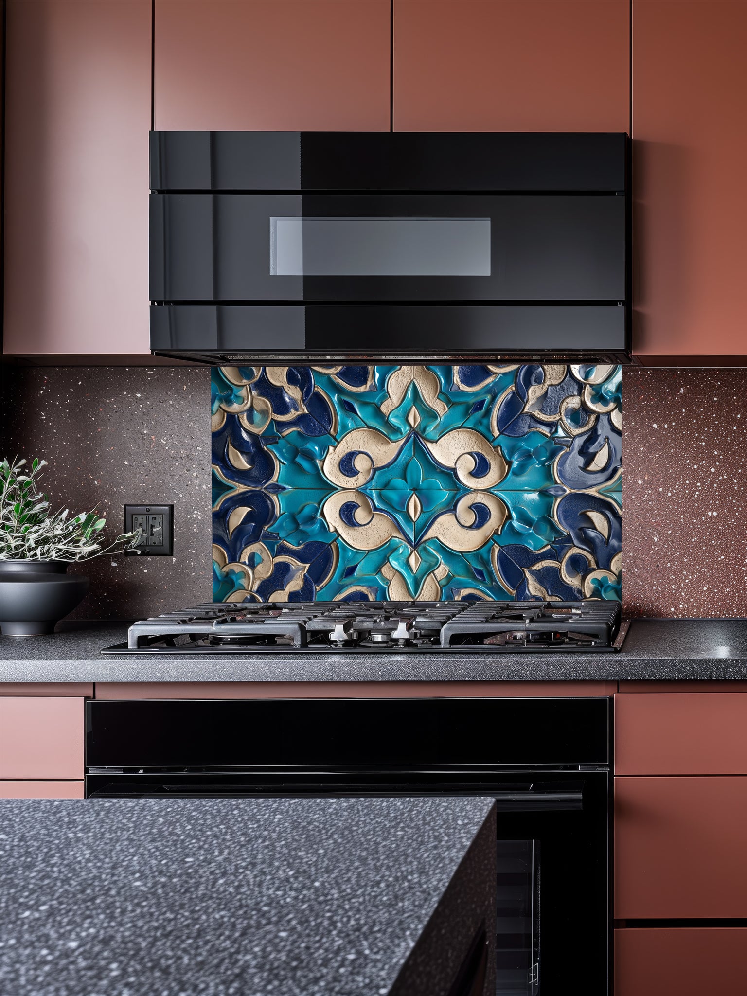 Kitchen with a decorative tile backsplash and black range hood.