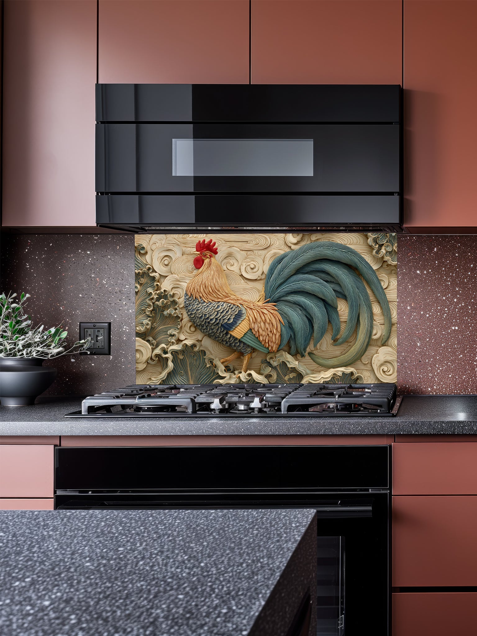 Tempered glass kitchen backsplash featuring a highly realistic 3D illusion of an intricately carved bas-relief sculpture showing a proud rooster with teal and amber feathers against a dynamic background of flowing, stylized swirling clouds and wind motifs in warm cream tones, installed behind a modern black stove.