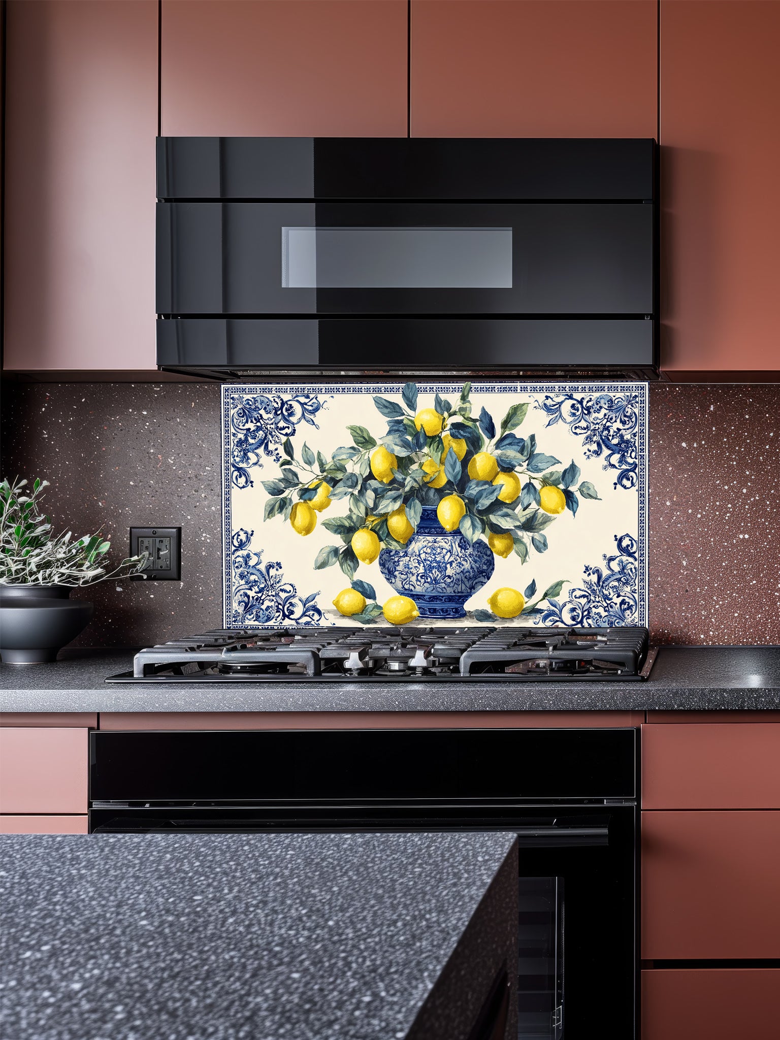 Mediterranean style bright yellow lemons in an ornate blue and white porcelain vase with decorative blue borders, UV printed on tempered glass kitchen backsplash, installed behind a modern stove.
