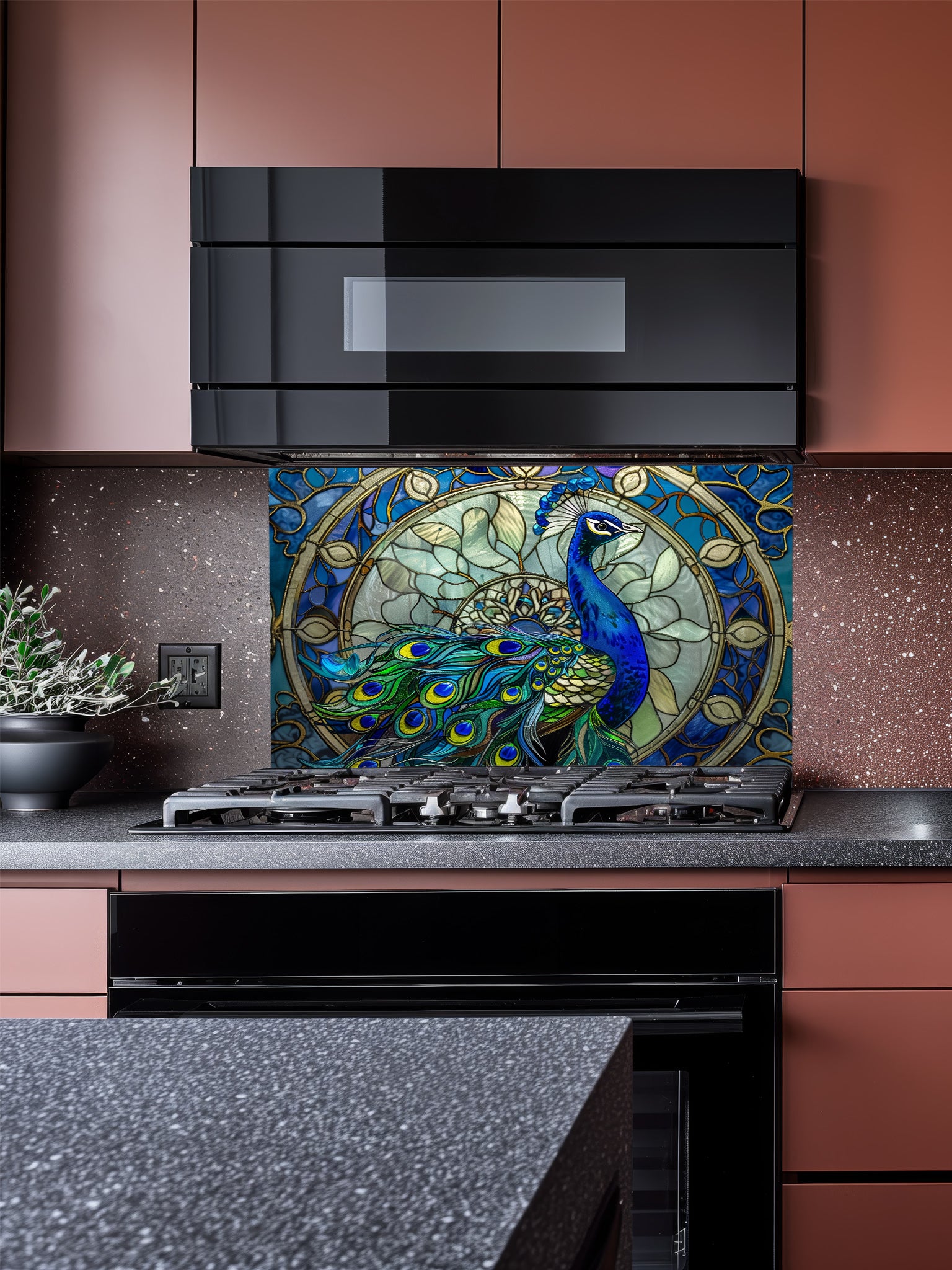 Tempered glass kitchen backsplash featuring a highly realistic 3D illusion of Art Nouveau stained glass showing a majestic royal blue peacock against an intricate circular mandala background with gold outlines, installed behind a modern stainless steel stove.