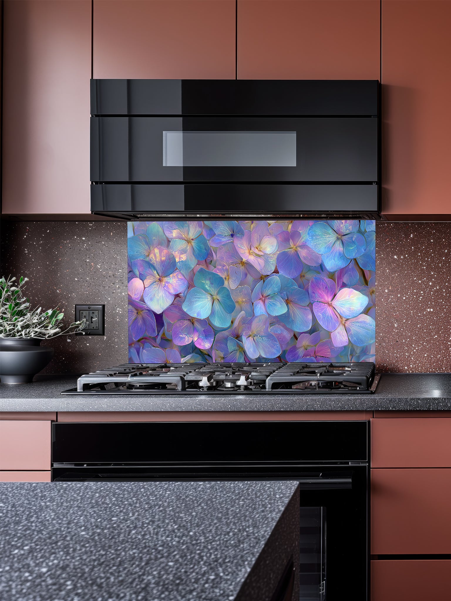 Ethereal iridescent floral pattern featuring glowing purple, blue, and pink flower petals, UV printed on a smooth tempered glass kitchen backsplash, installed behind a modern stove.
