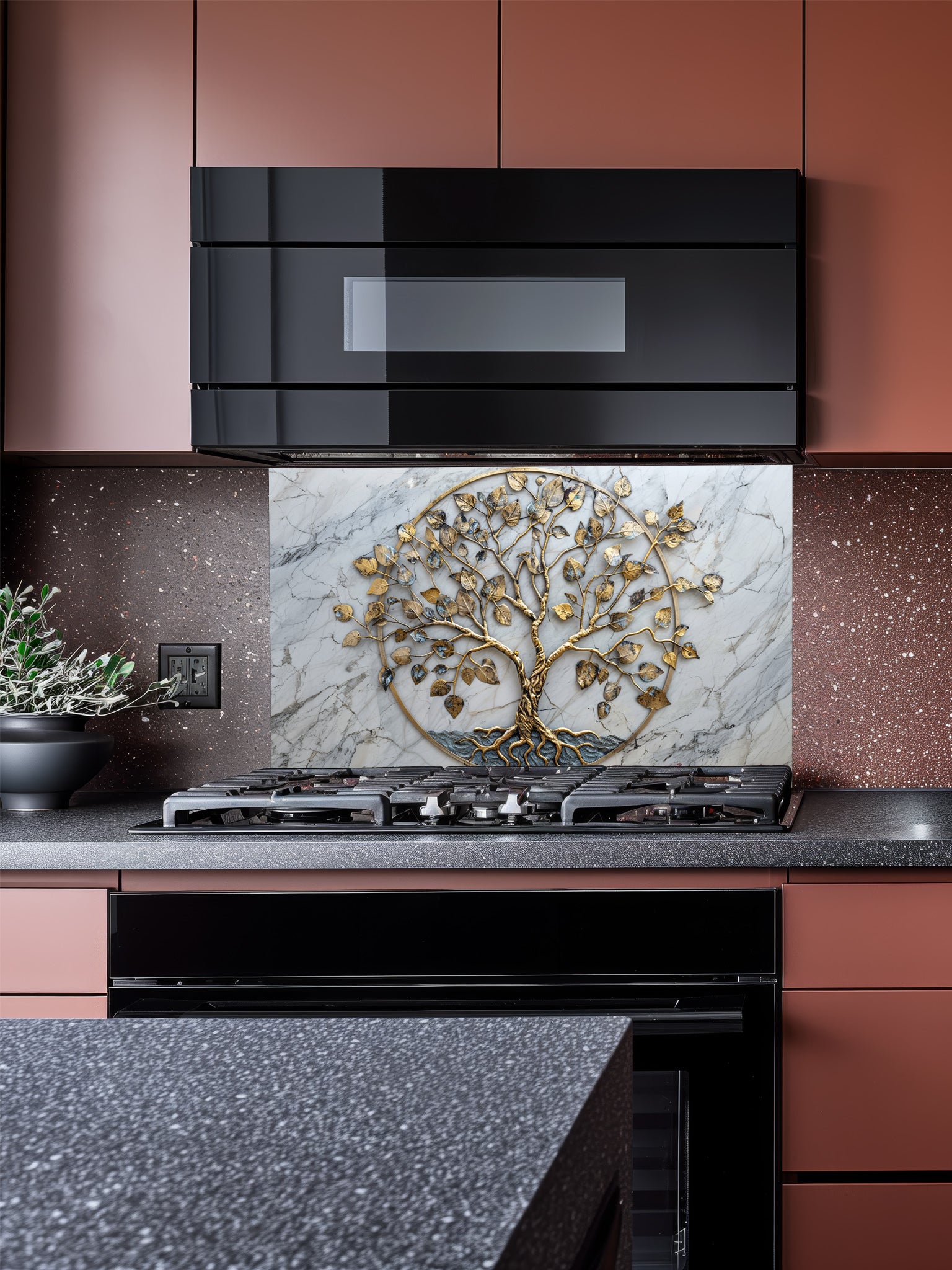 Faux 3D effect gold metal Tree of Life sculpture on an elegant white marble background, UV printed on a smooth tempered glass kitchen backsplash, installed behind a modern stove.
