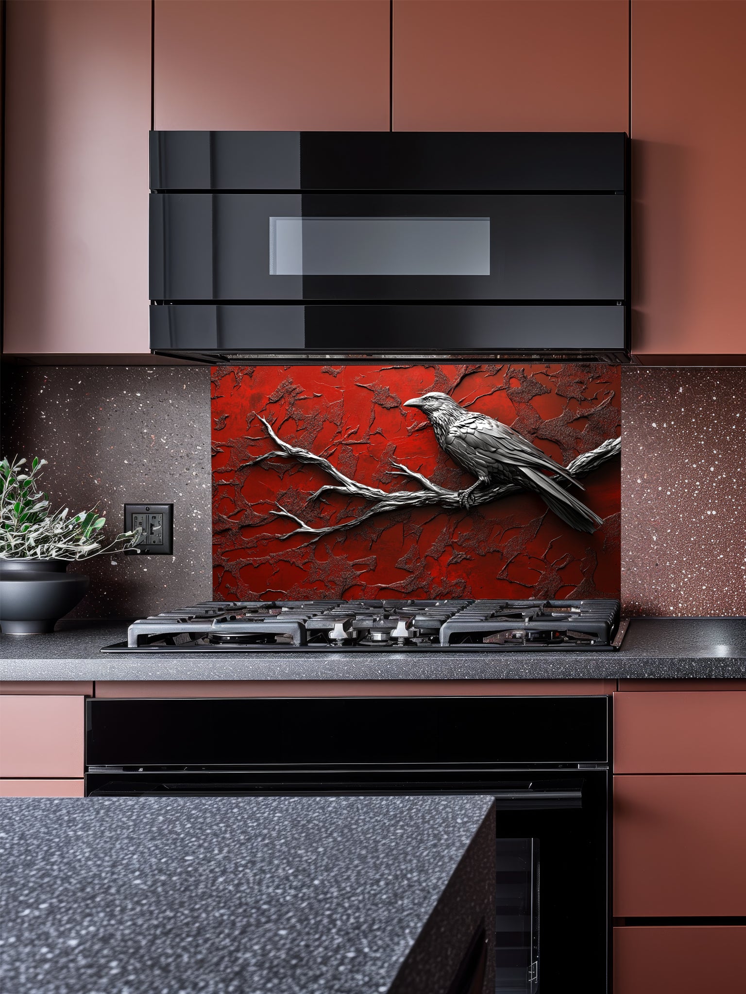 Tempered glass kitchen backsplash featuring a highly realistic 3D illusion of a sculpted metallic black raven perched on a bare branch against a heavily textured, distressed crimson red wall, installed behind a modern black stove.