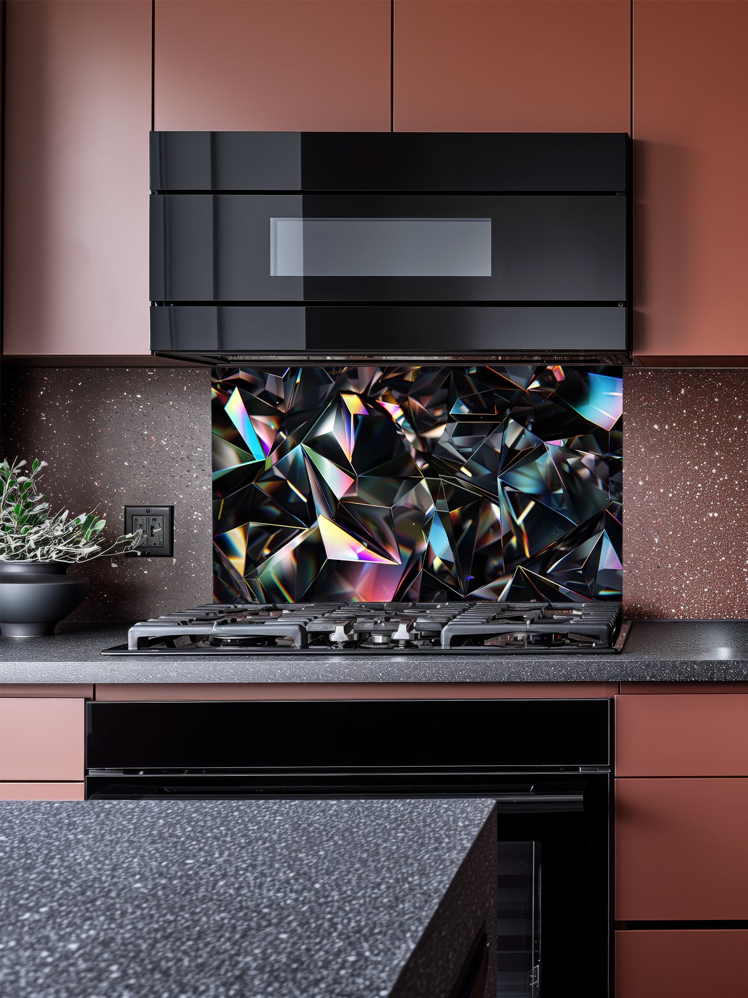 Faux 3D effect dark geometric crystal facets with iridescent rainbow edges, UV printed on a smooth tempered glass kitchen backsplash, installed behind a modern stove.