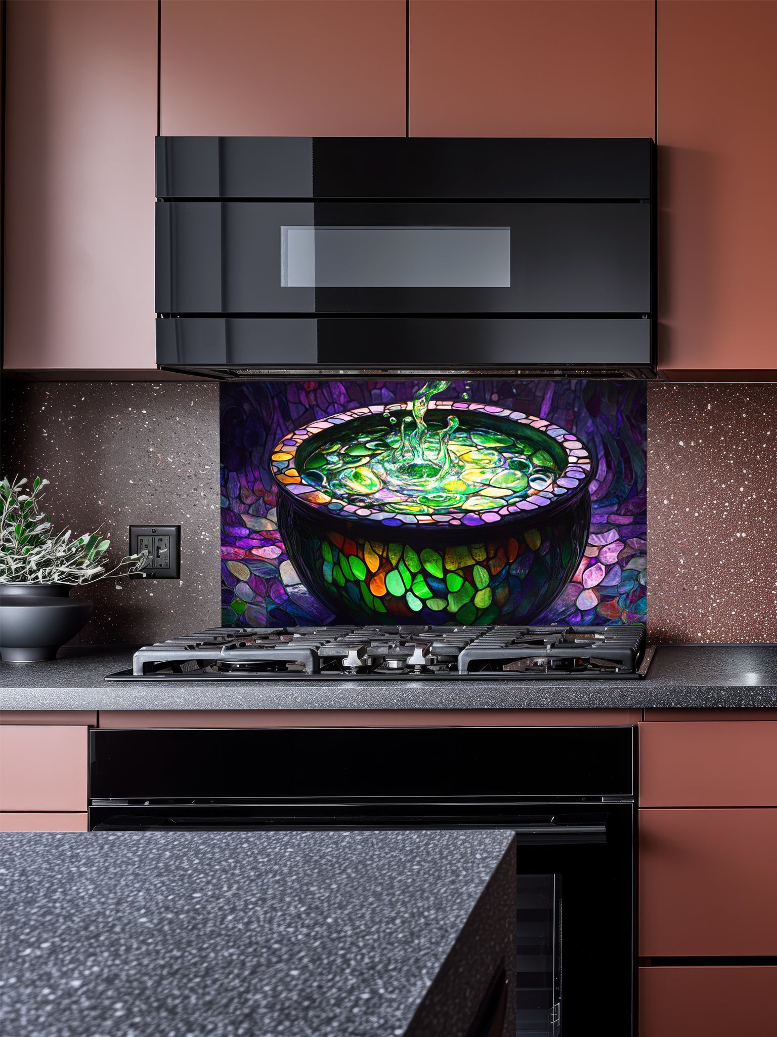 Tempered glass kitchen backsplash featuring a highly realistic 3D illusion of stained glass and mosaic art showing a dark magical cauldron filled with a splashing, glowing neon green potion against a deep purple cobblestone background, installed behind a modern stainless steel stove.